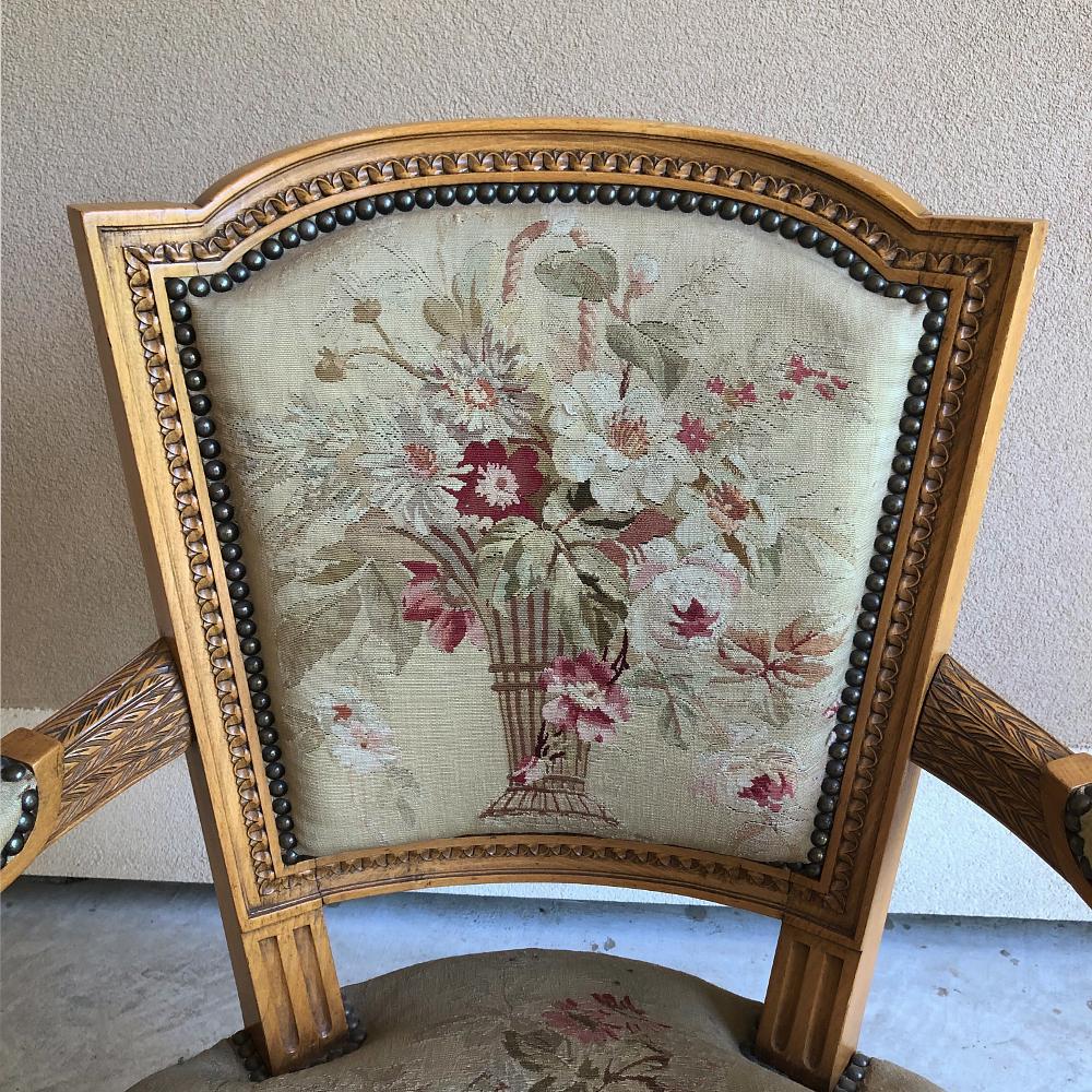 Pair of Louis XVI French Aubusson Tapestry Fruitwood Armchairs 4