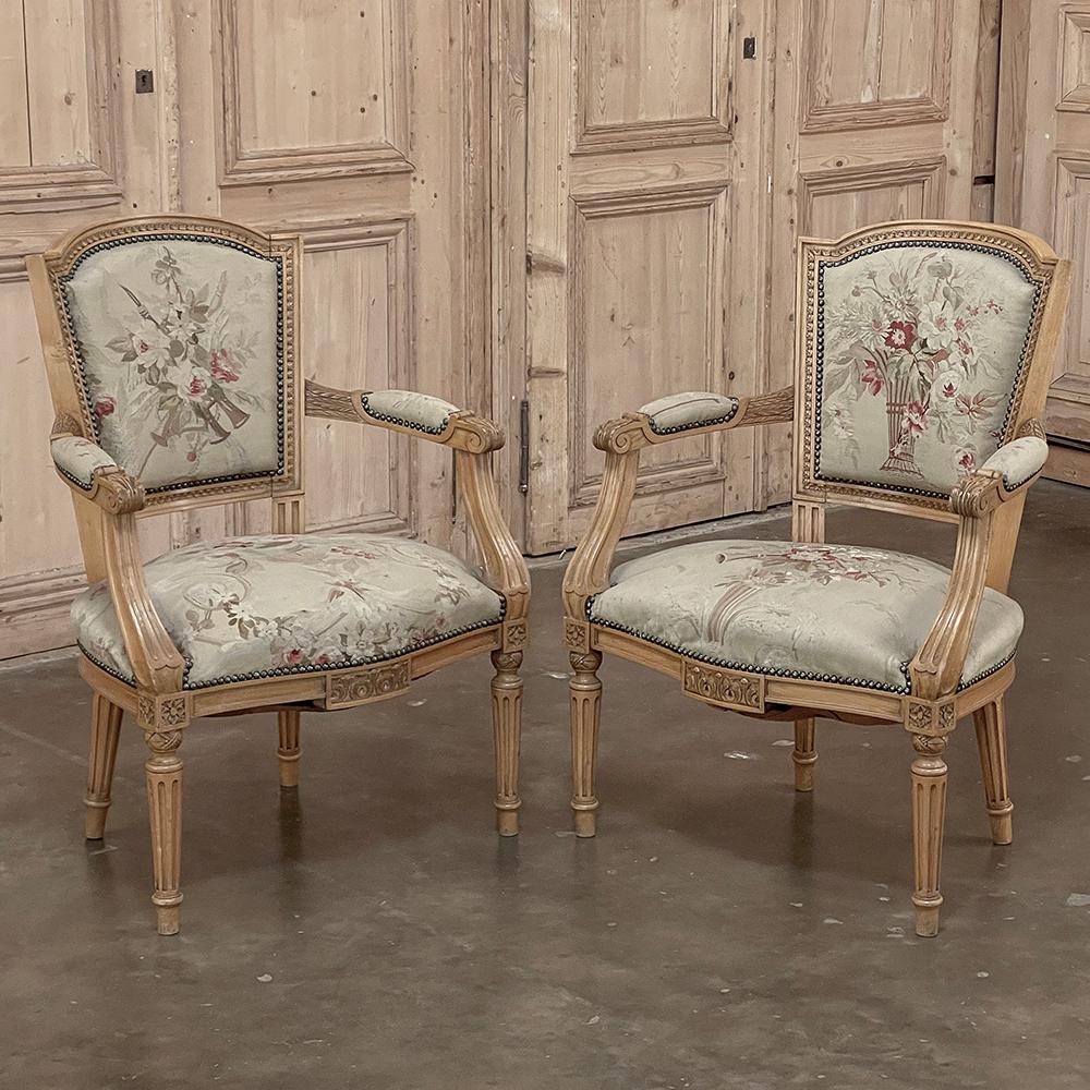 Late 19th Century Pair of Louis XVI French Aubusson Tapestry Fruitwood Armchairs For Sale