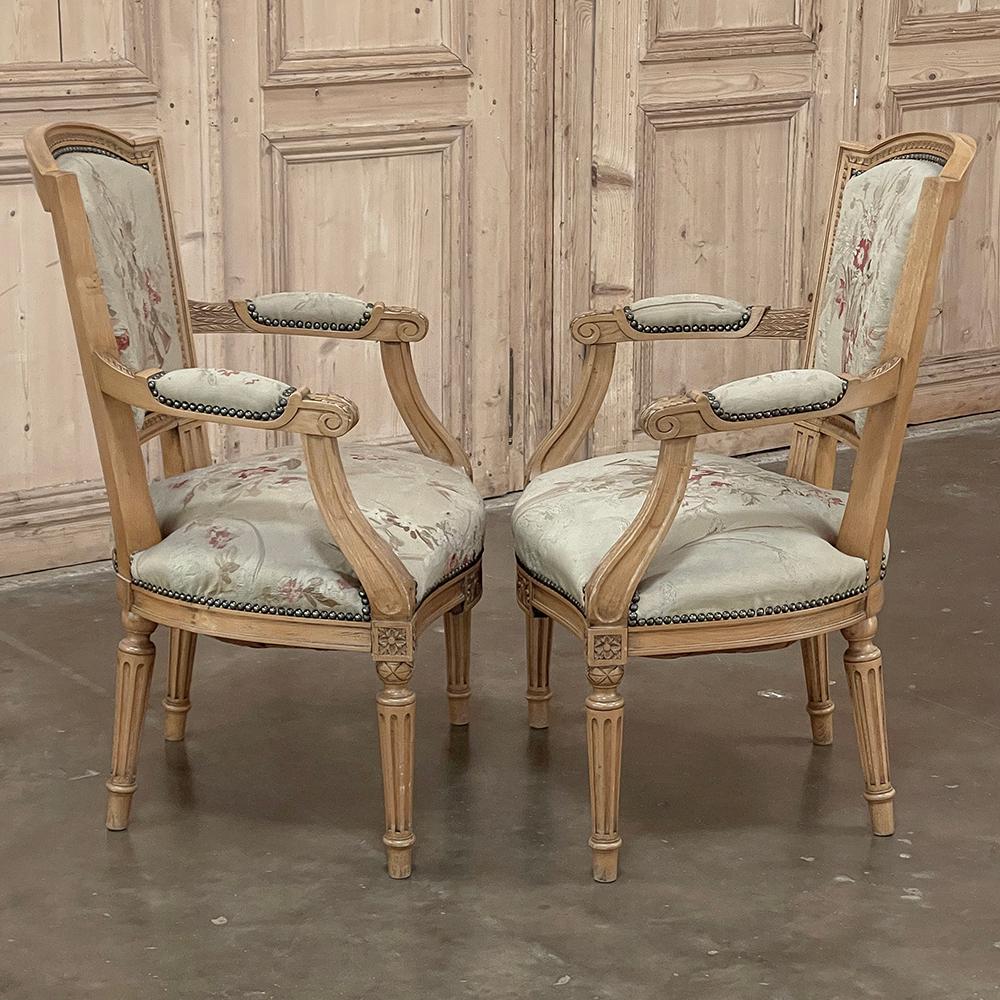 Pair of Louis XVI French Aubusson Tapestry Fruitwood Armchairs For Sale 1
