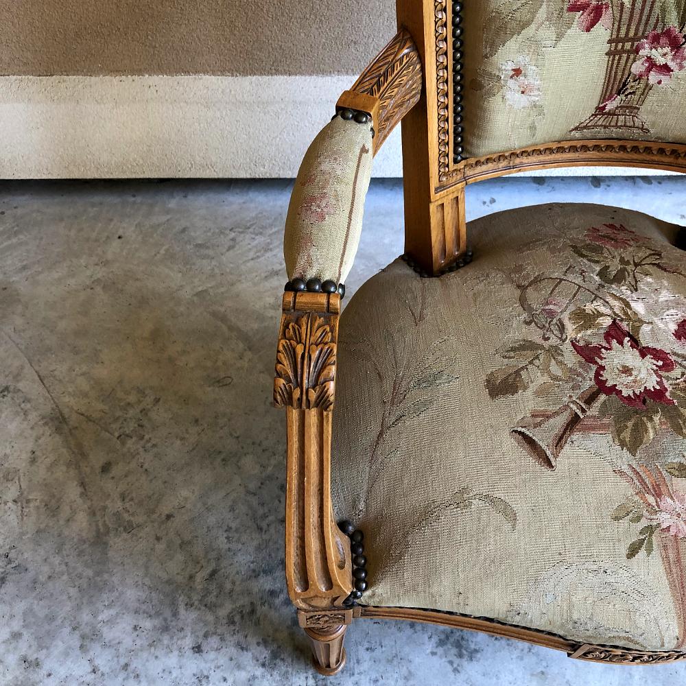 Pair of Louis XVI French Aubusson Tapestry Fruitwood Armchairs 5