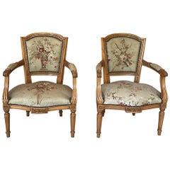 Antique Pair of Louis XVI French Aubusson Tapestry Fruitwood Armchairs