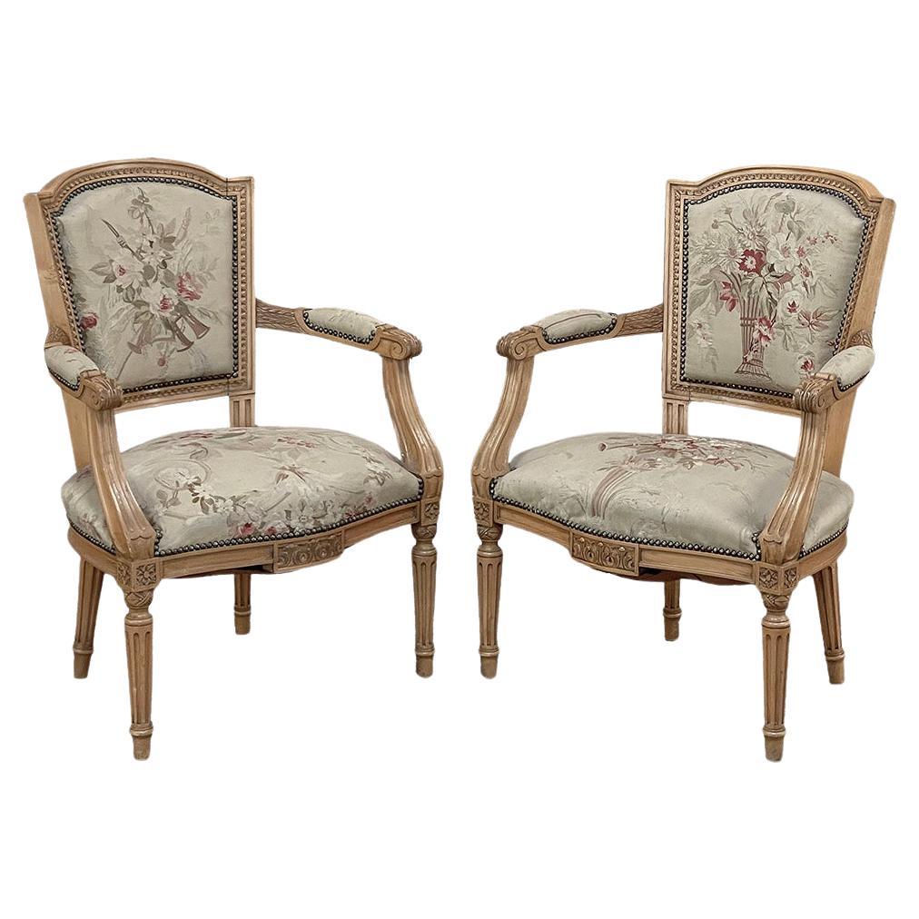 Pair of Louis XVI French Aubusson Tapestry Fruitwood Armchairs For Sale
