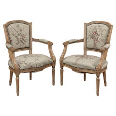 Antique Pair of Louis XVI French Aubusson Tapestry Fruitwood Armchairs