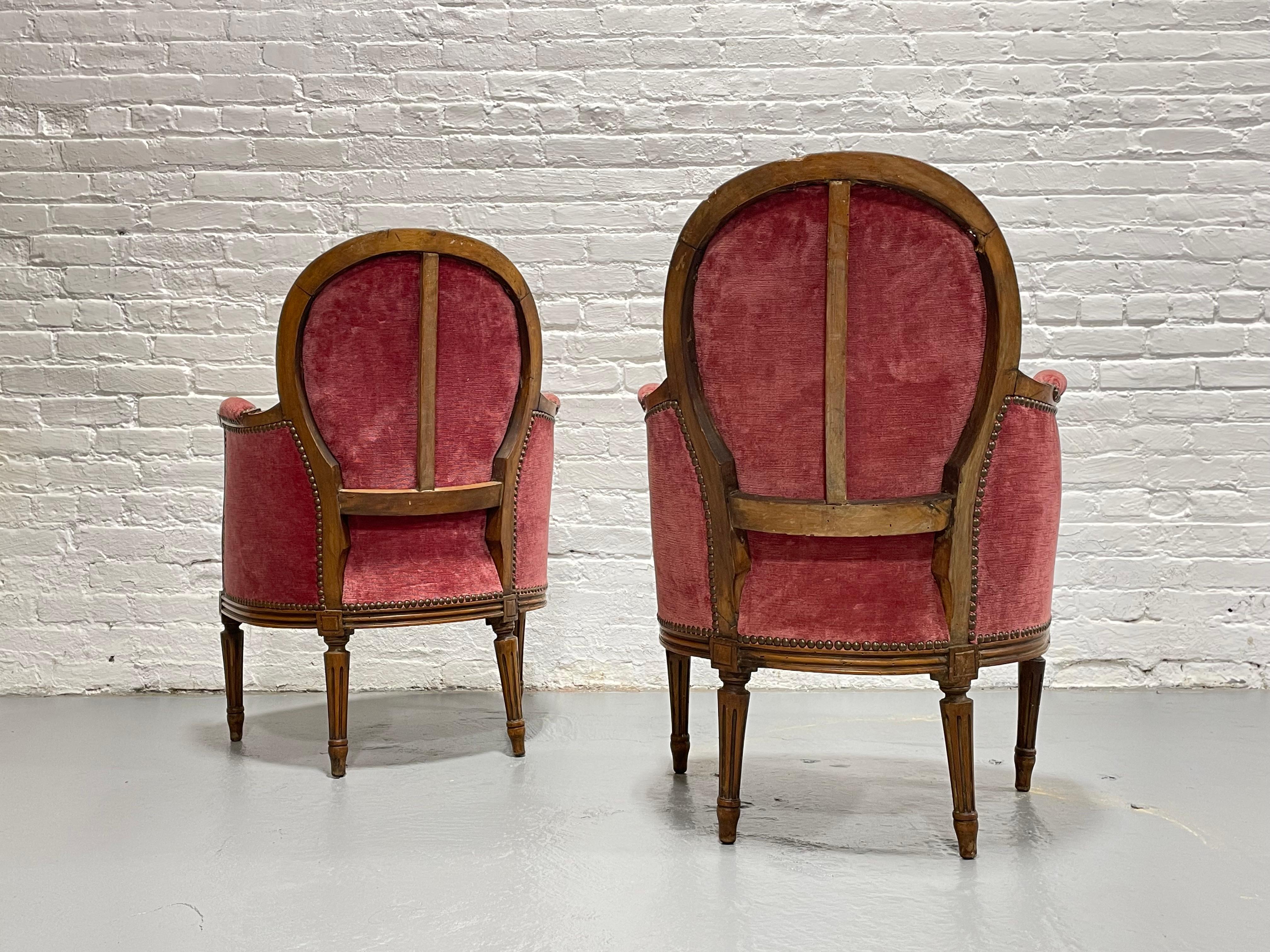 Velvet Pair of Louis XVI French Bergere Armchairs, c. 1940 For Sale