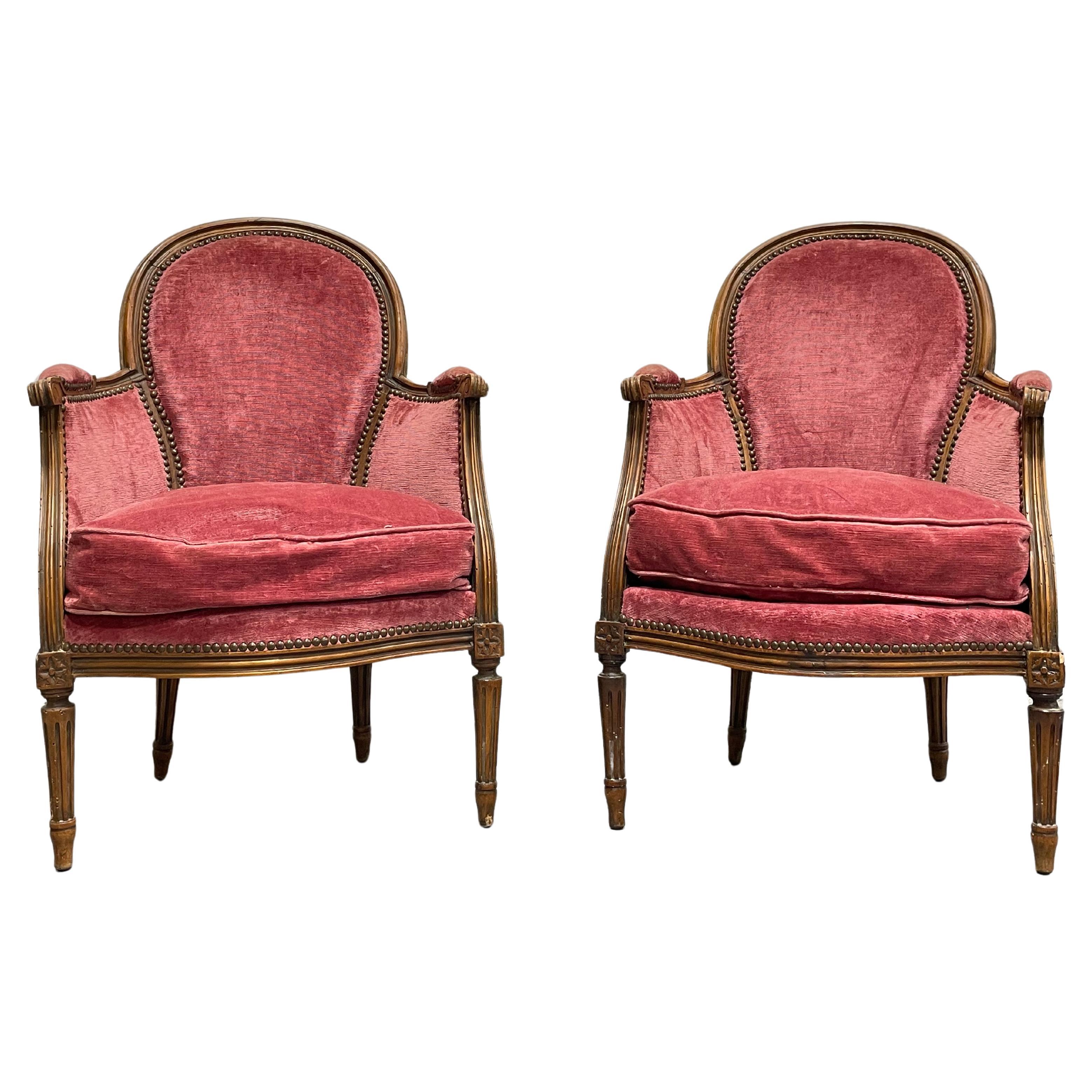Pair of Louis XVI French Bergere Armchairs, c. 1940 For Sale