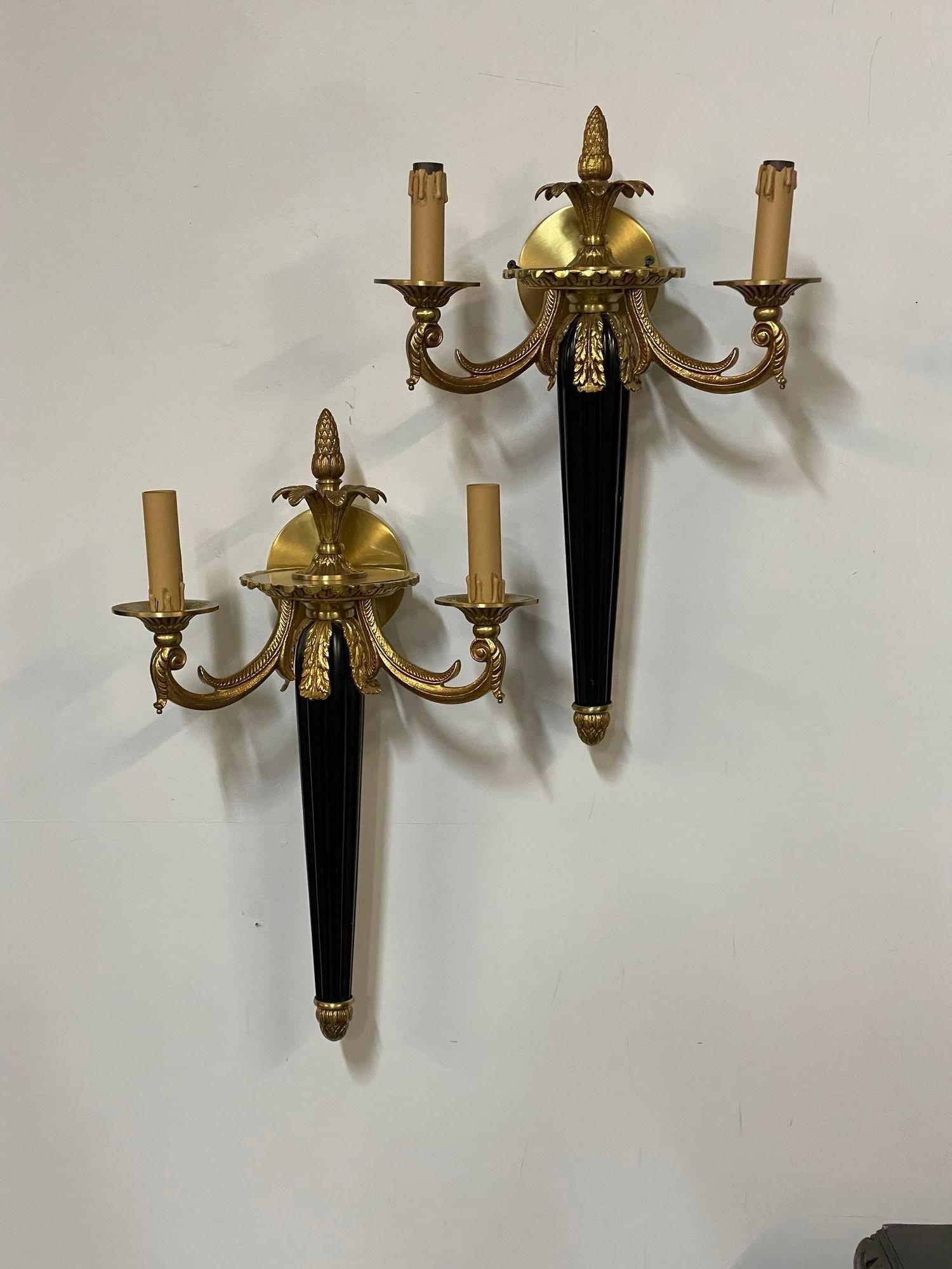 Metal Pair of Louis XVI French Style Wall Sconces, Maison Bagues, Hollywood Regency For Sale