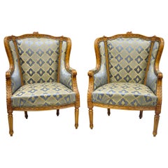 Pair of Louis XVI French Upholstered Wingback Bergere Lounge Armchairs Blue Gold