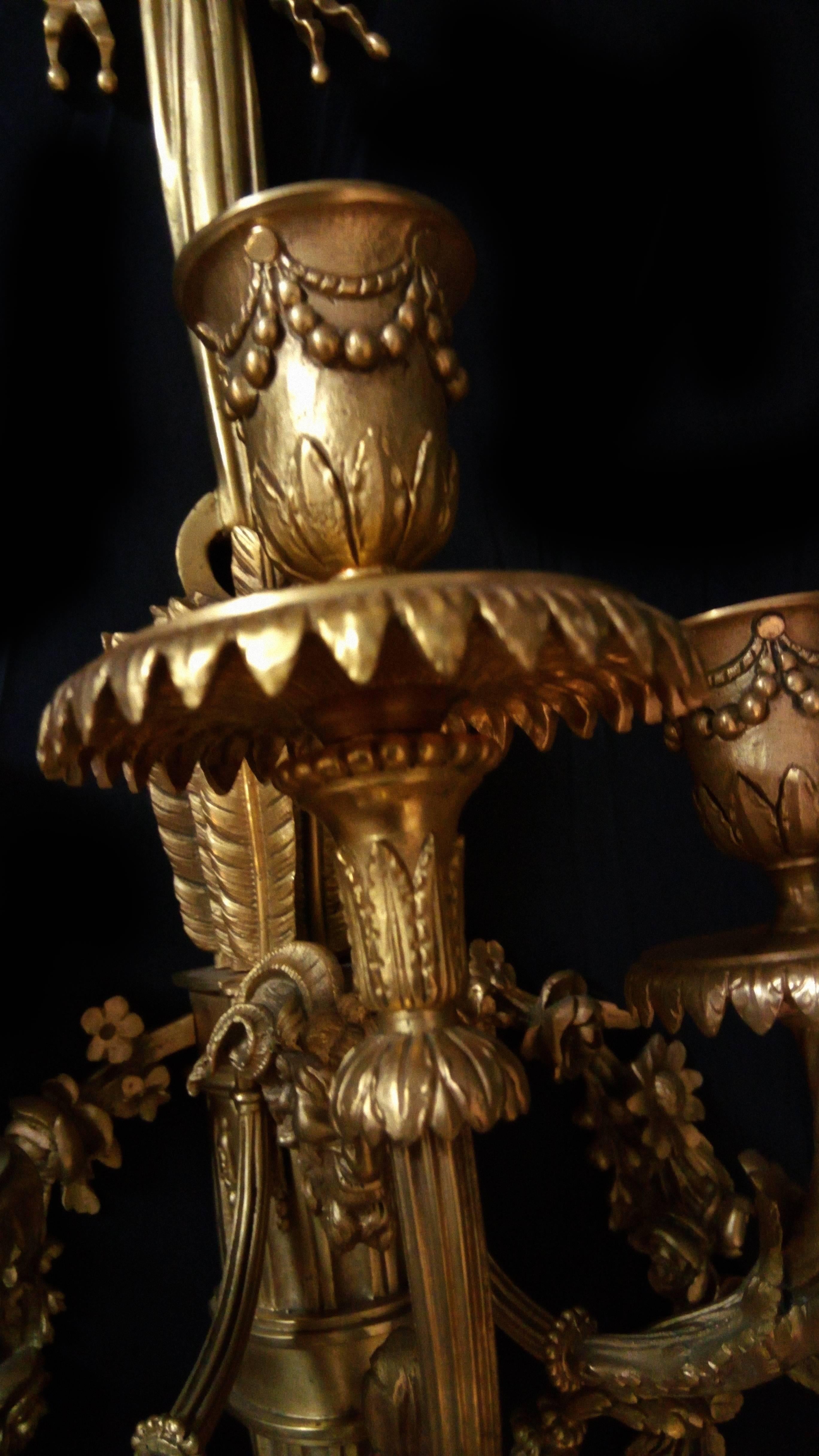 Pareja de candelabros Luis XVI de bronce dorado con cinco luces 3