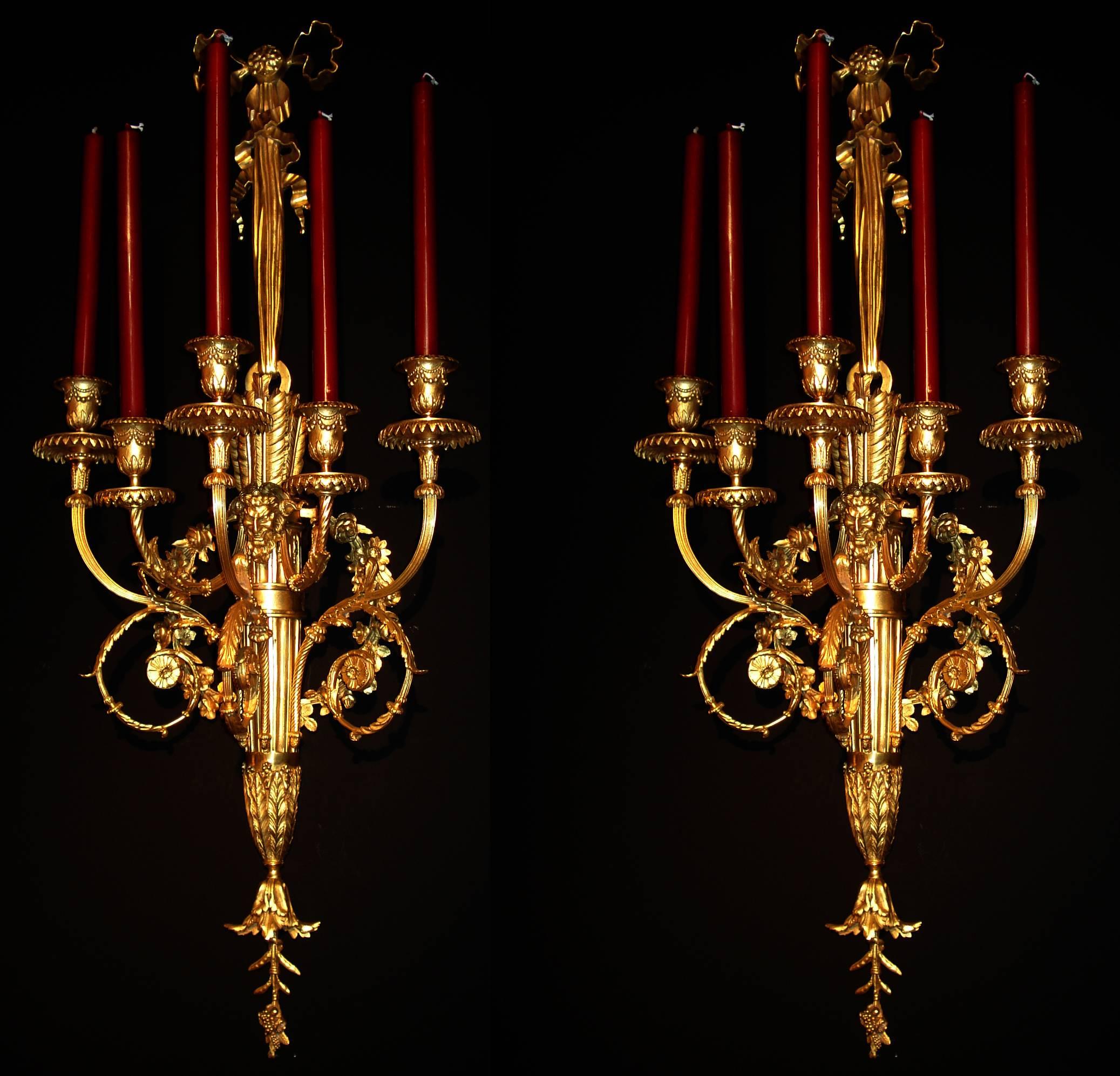 Italian Pair of Louis XVI Gilded Golden Gilded Bronze Sconces with Five Lights