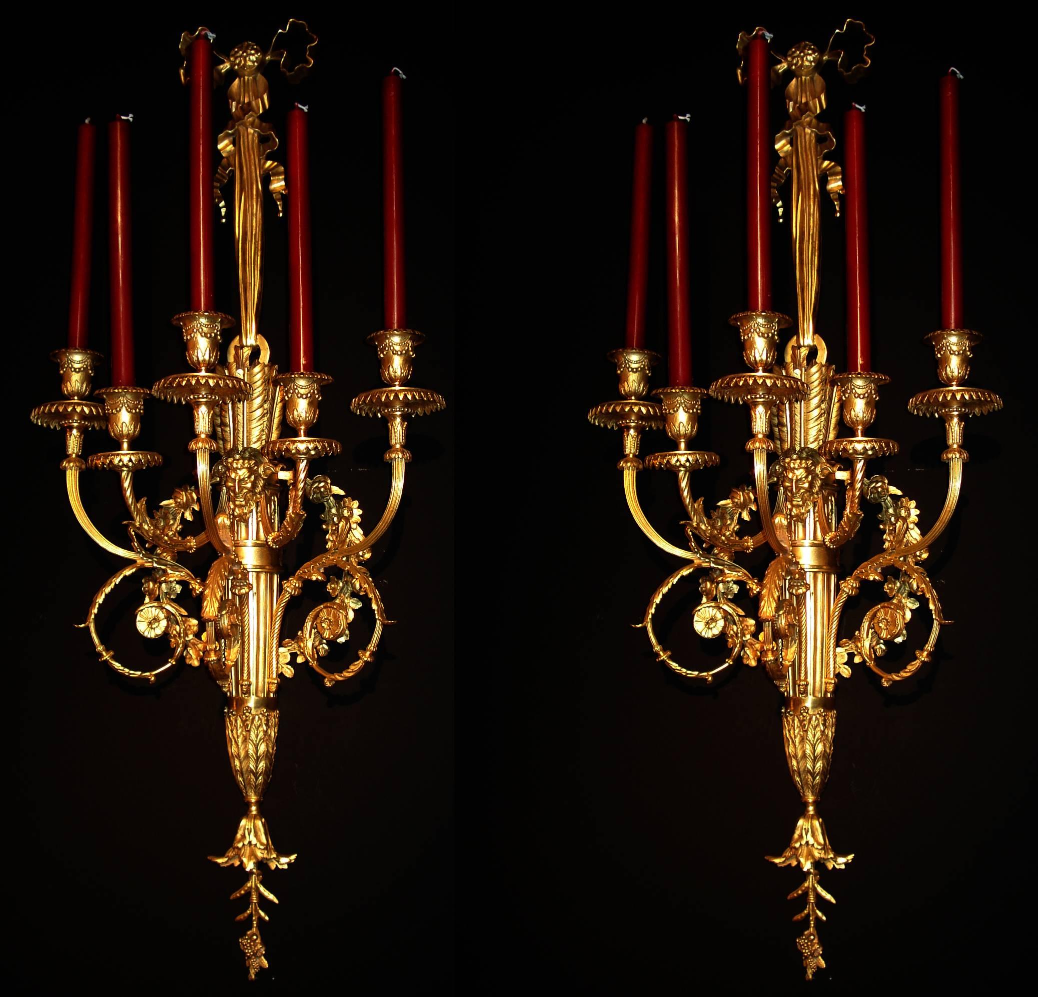 Pareja de candelabros Luis XVI de bronce dorado con cinco luces Italiano