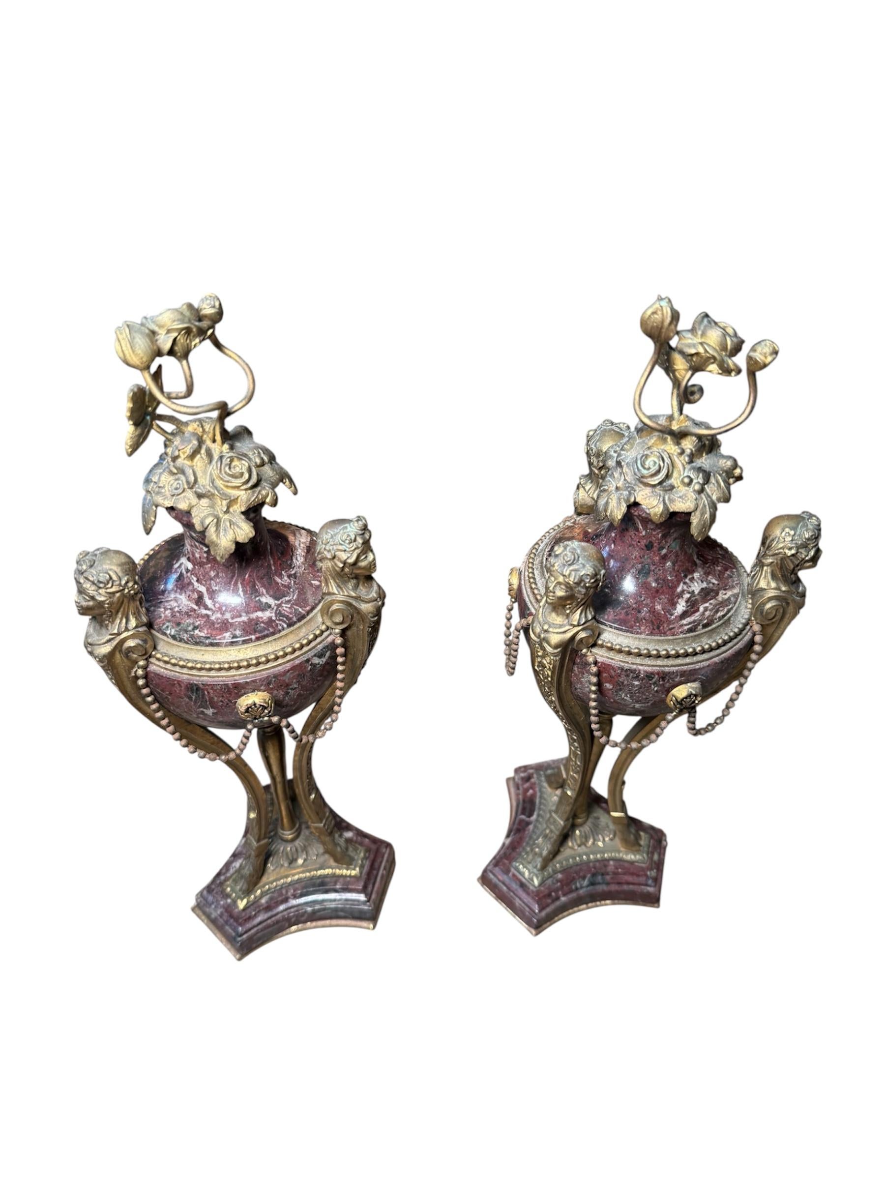 XX secolo Pair Of Louis XVI Gilt Bronze And Marble Cassolettes in vendita