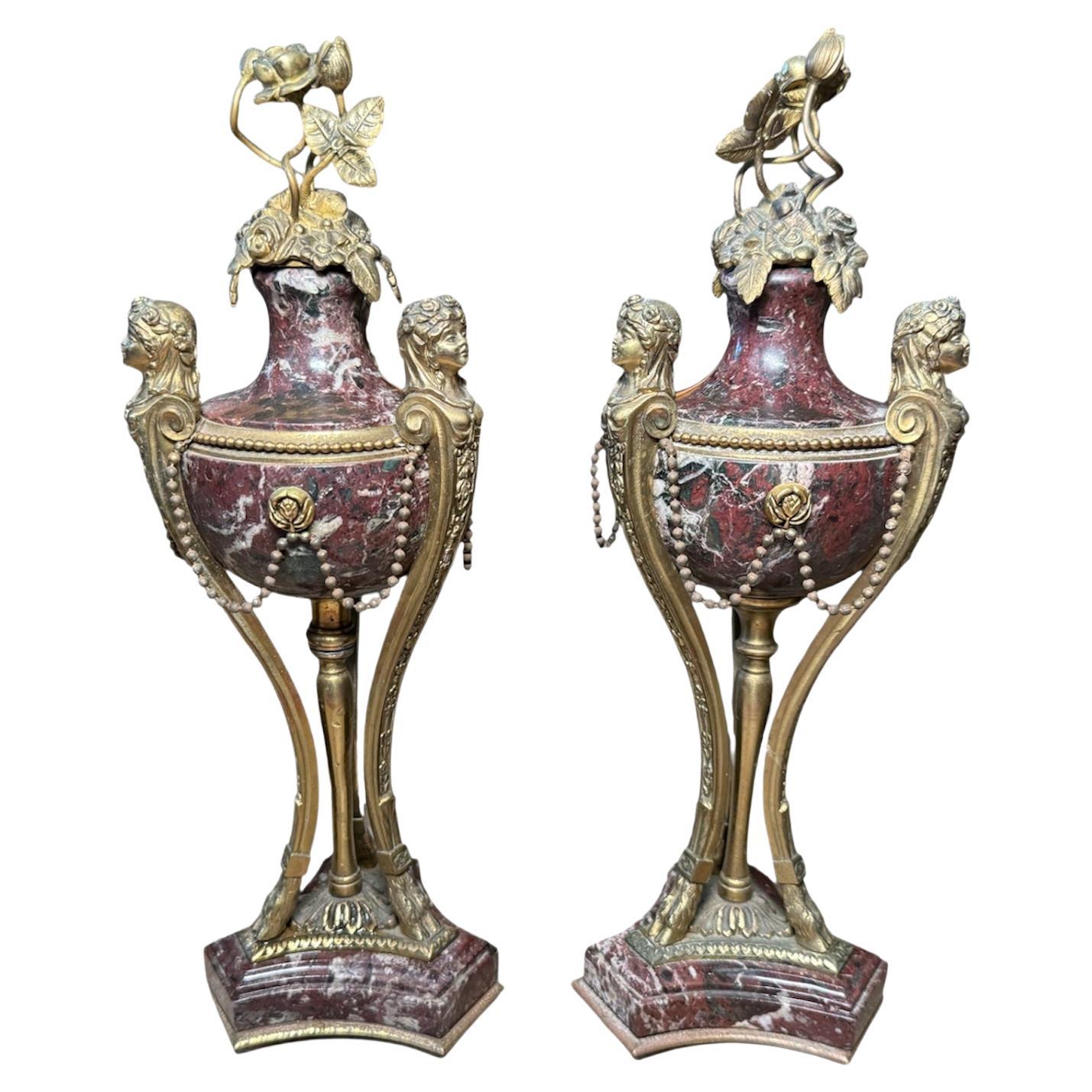 Pair Of Louis XVI Gilt Bronze And Marble Cassolettes