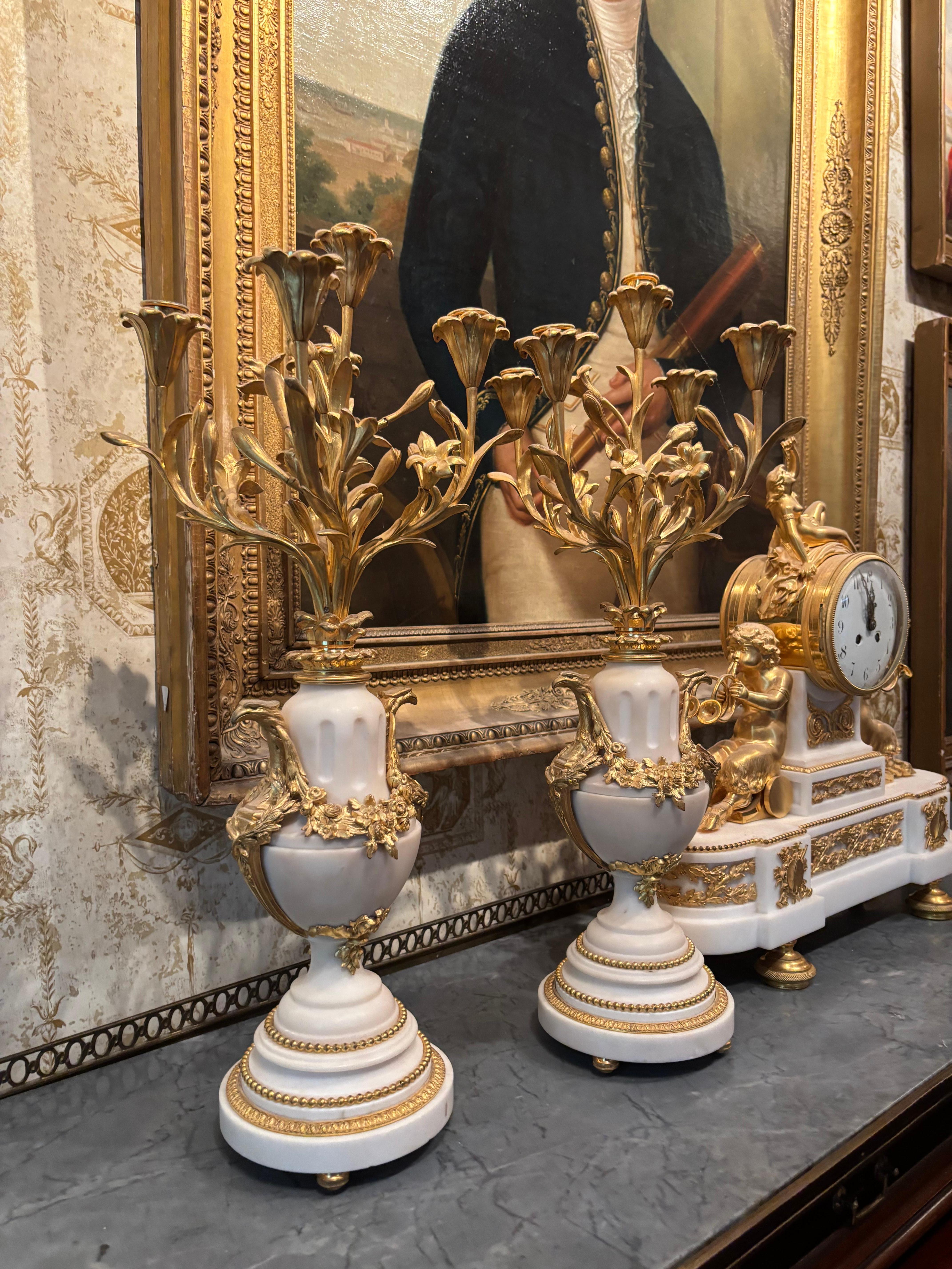 Pair of Louis XVI Gilt Bronze and White Marble Five-Arm Candelabra 2