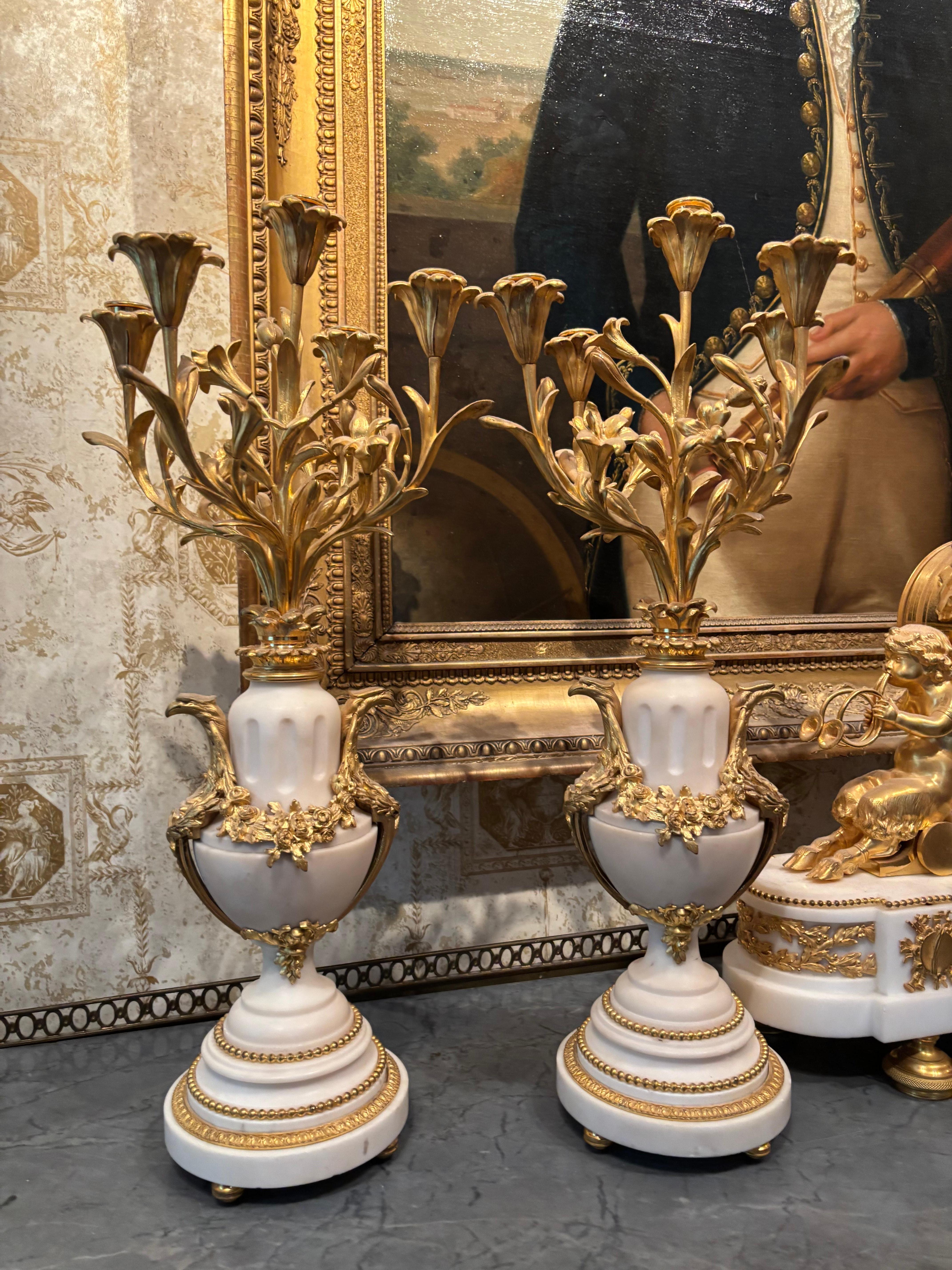 Pair of Louis XVI Gilt Bronze and White Marble Five-Arm Candelabra 3