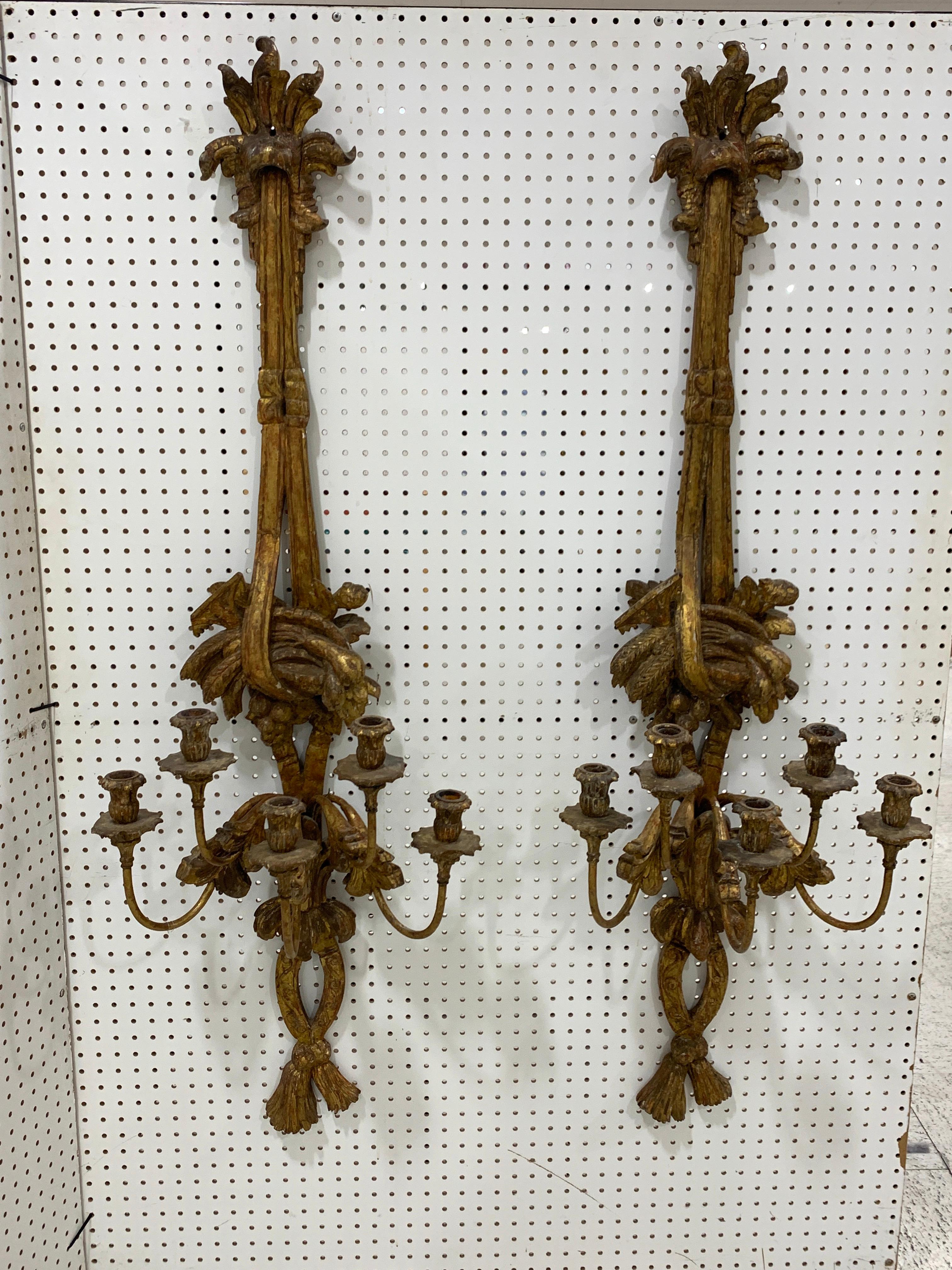 Pair of Louis XVI giltwood wall five-light appliques, of rare and unusual size, subtle carving with ribbons and tassels, with a central bouquet of five candle lights.