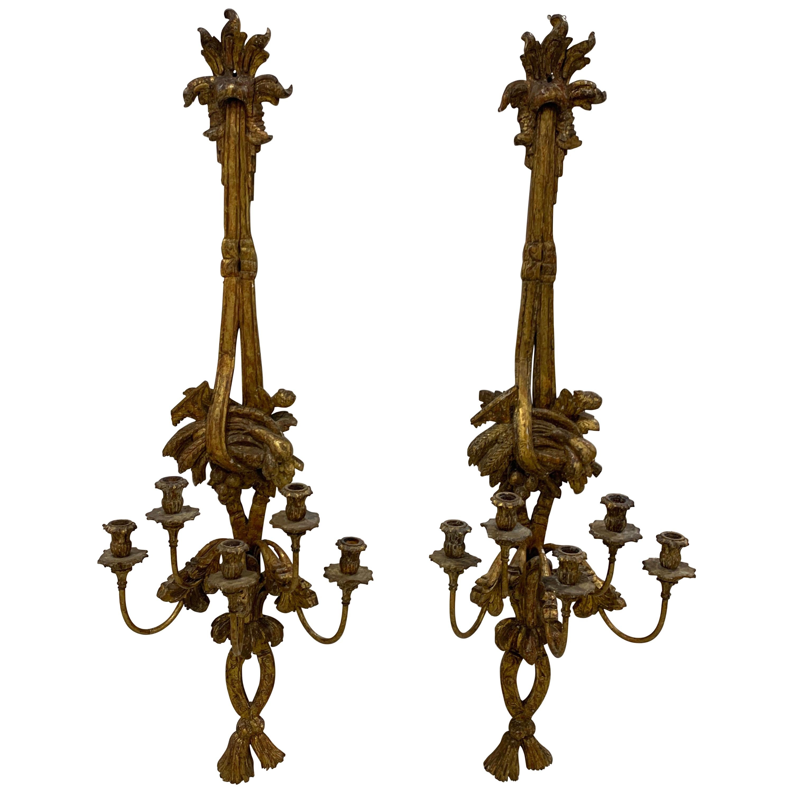 Pair of Louis XVI Giltwood Wall Five-Light Appliques For Sale