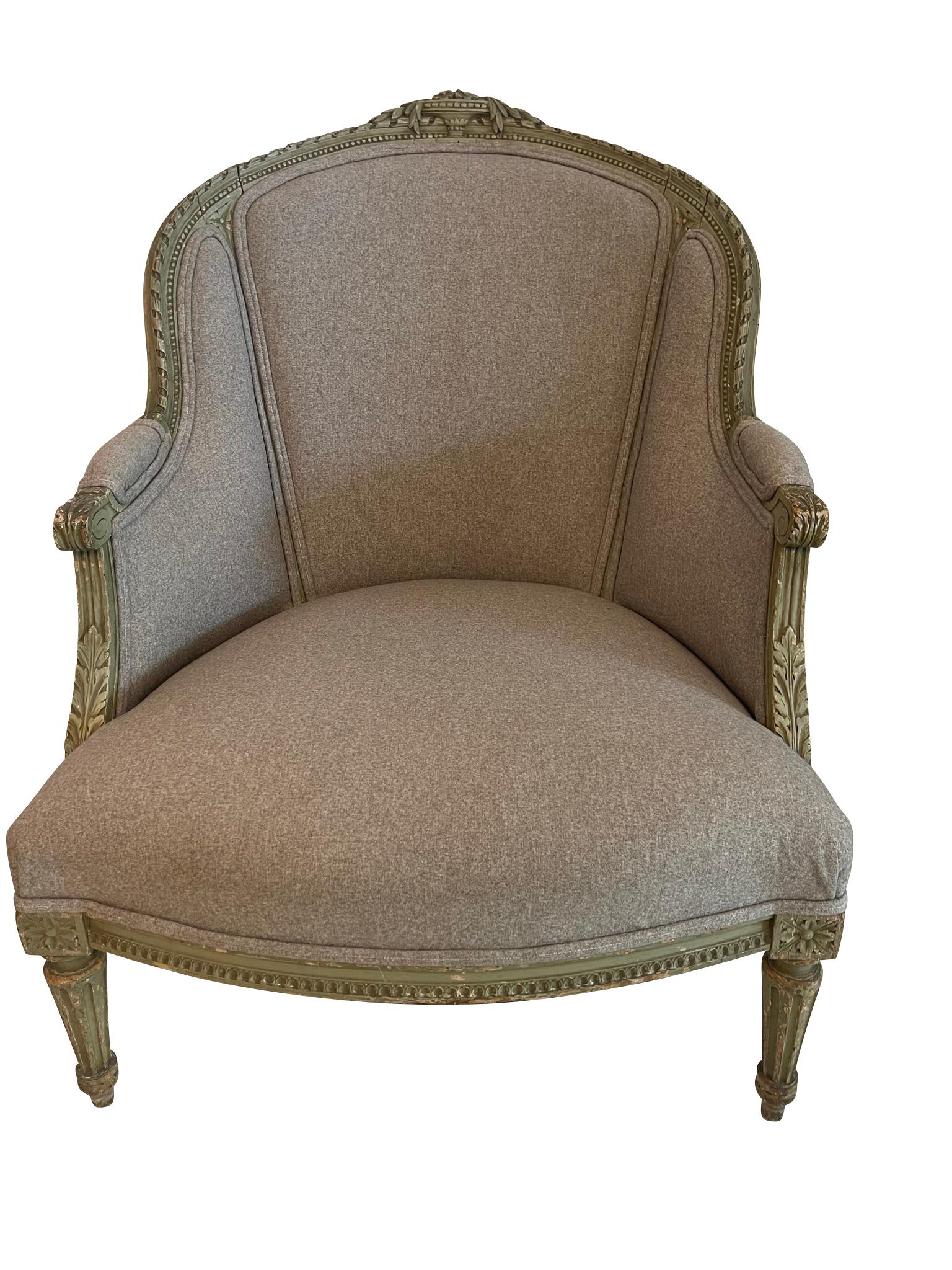 20th Century Pair of Louis XVI Green Painted Bergeres in Grey Upholstery with Flower Detail For Sale