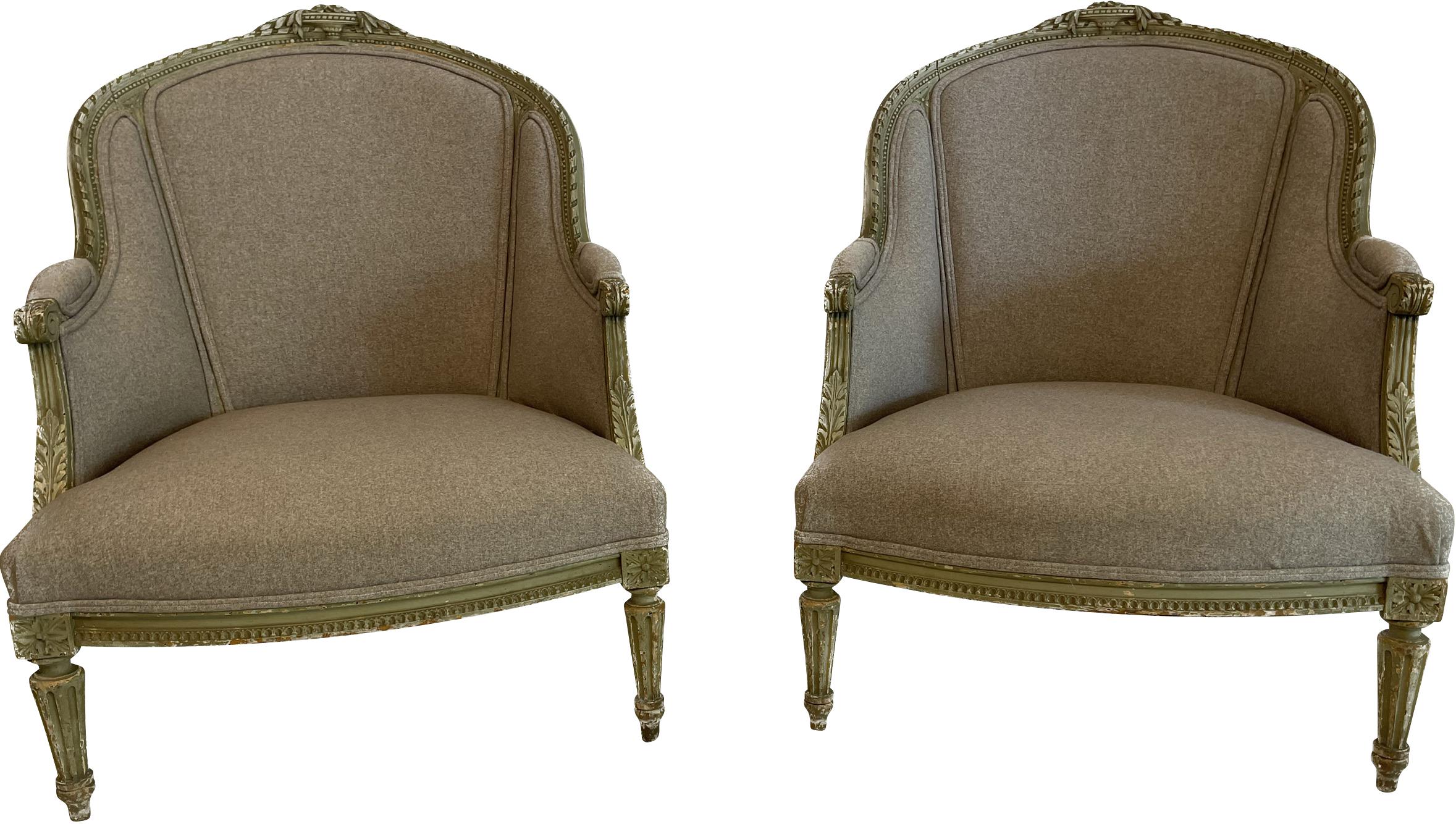 Wood Pair of Louis XVI Green Painted Bergeres in Grey Upholstery with Flower Detail For Sale