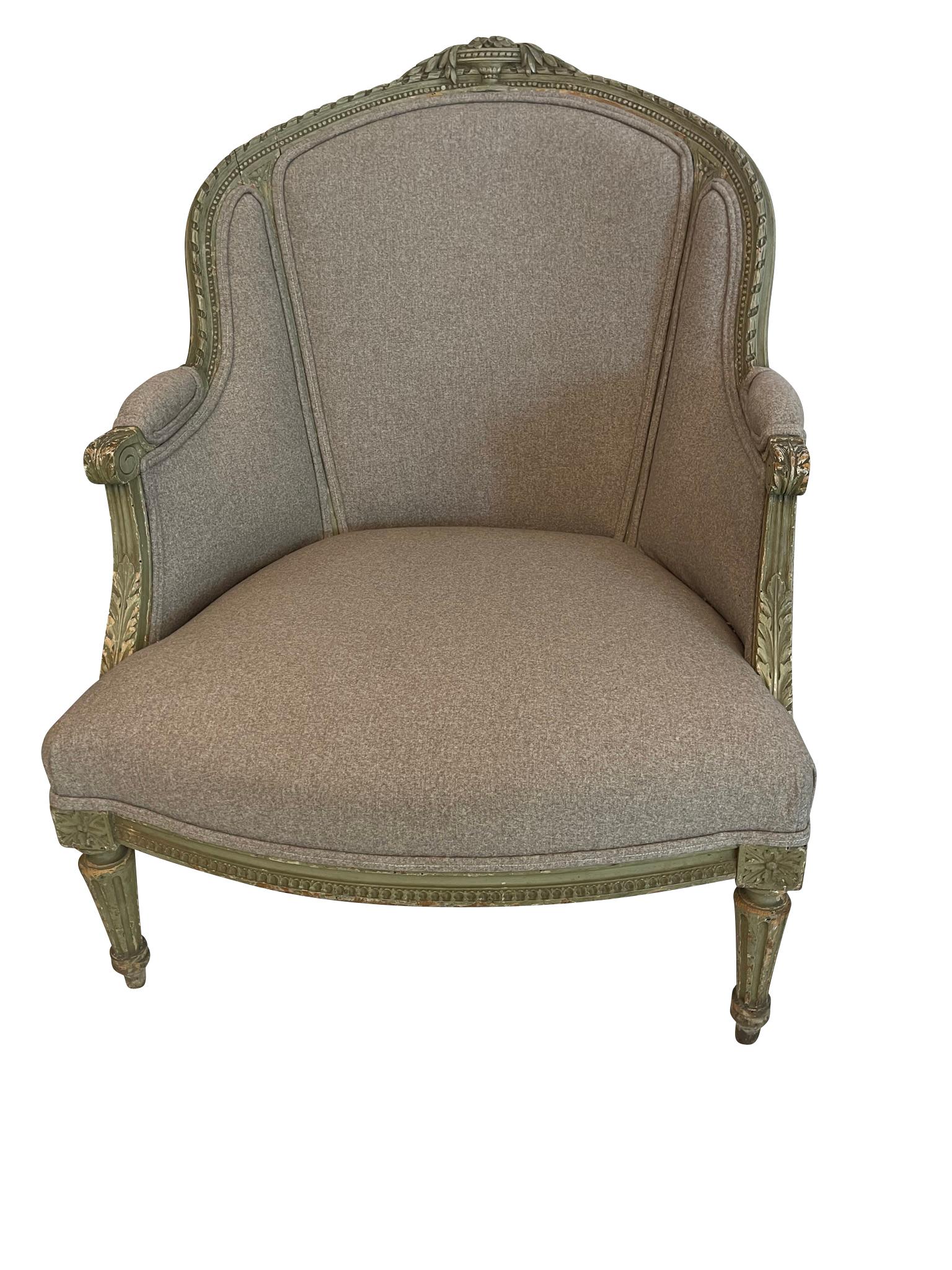 Pair of Louis XVI Green Painted Bergeres in Grey Upholstery with Flower Detail For Sale 1