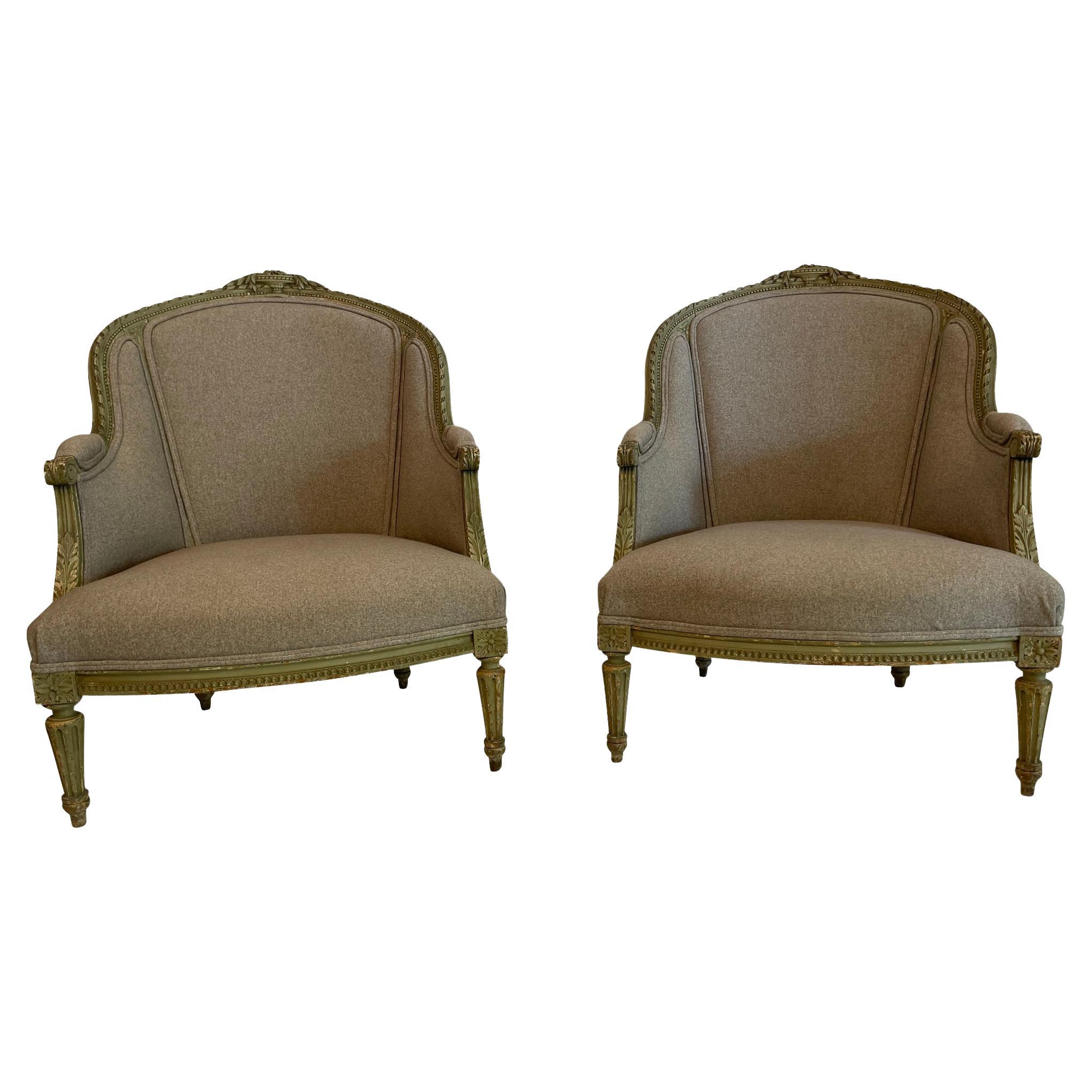 Pair of Louis XVI Green Painted Bergeres in Grey Upholstery with Flower Detail For Sale