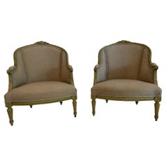 Pair of Louis XVI Green Painted Bergeres in Grey Upholstery with Flower Detail