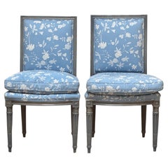 Pair of Louis XVI grey/blue painted side chairs chaises, late 18th Century