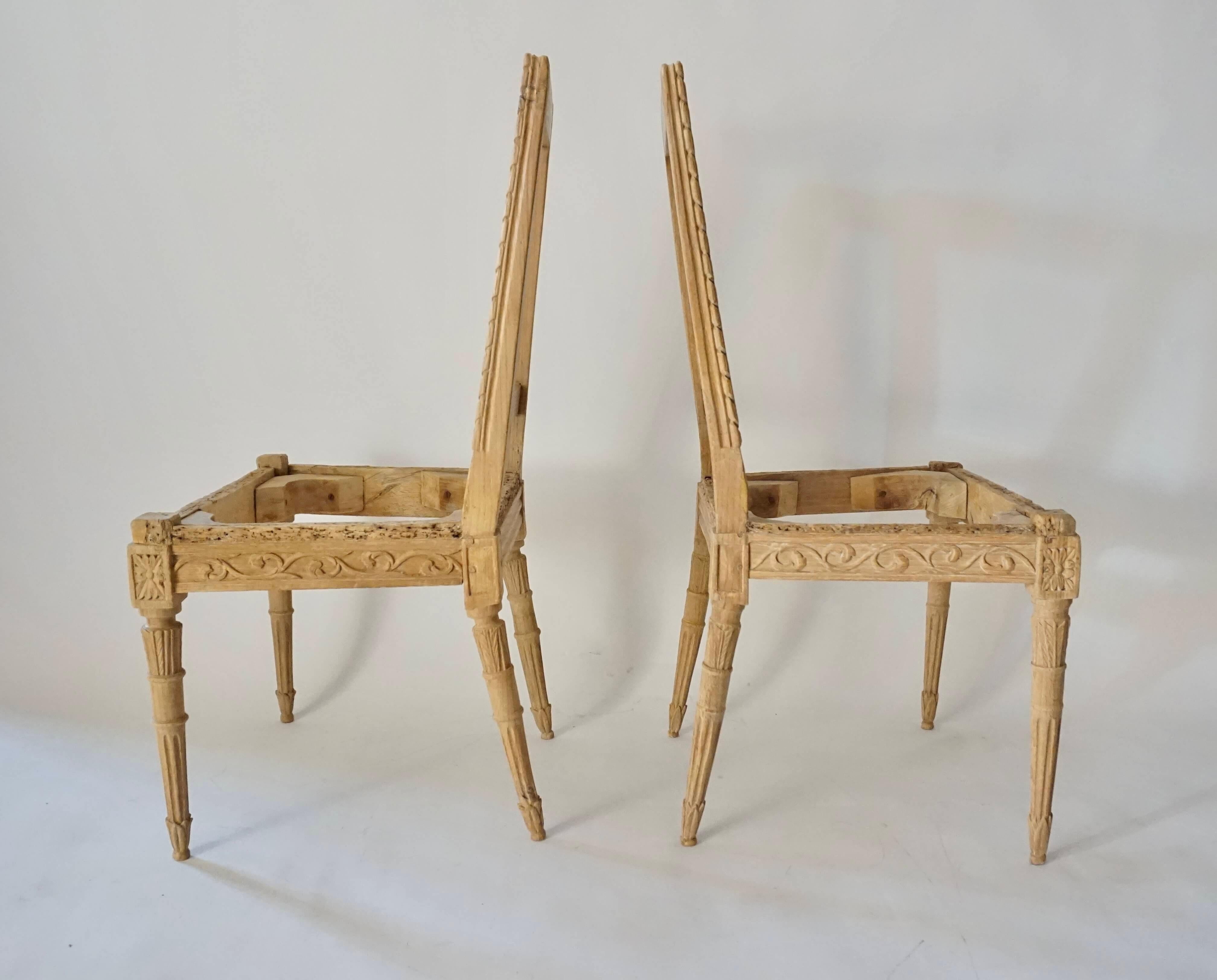 Hand-Carved Italian Louis XVI Side Chairs, Waxed Fruitwood, Pair, circa 1785 For Sale