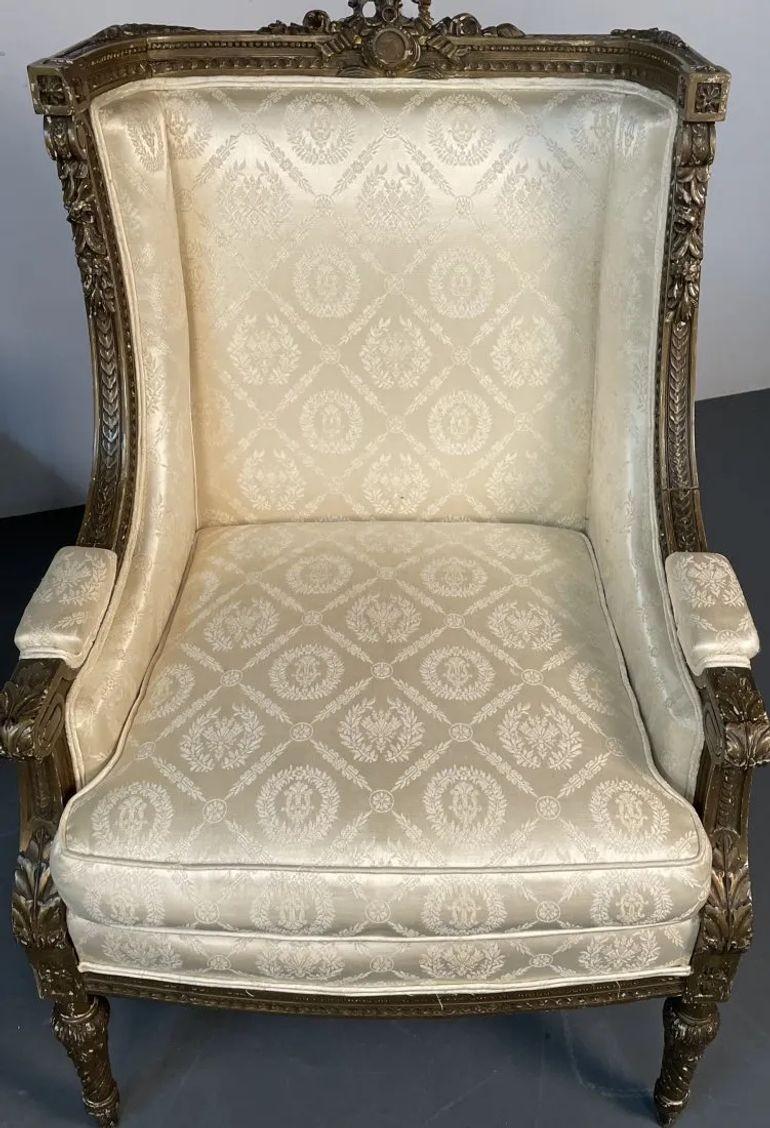 Pair of Louis XVI Jansen Style Wing Back, Arm Chairs, Scalamandre Upholstery For Sale 4