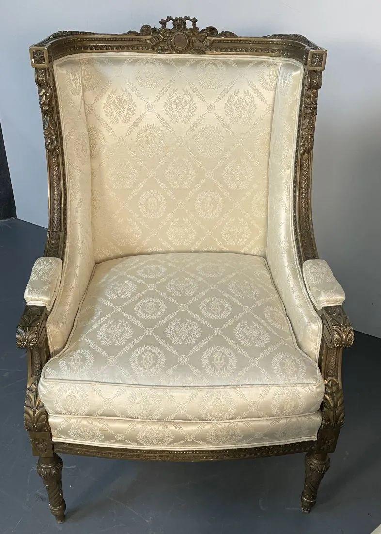 Pair of Louis XVI Jansen Style Wing Back, Arm Chairs, Scalamandre Upholstery For Sale 5