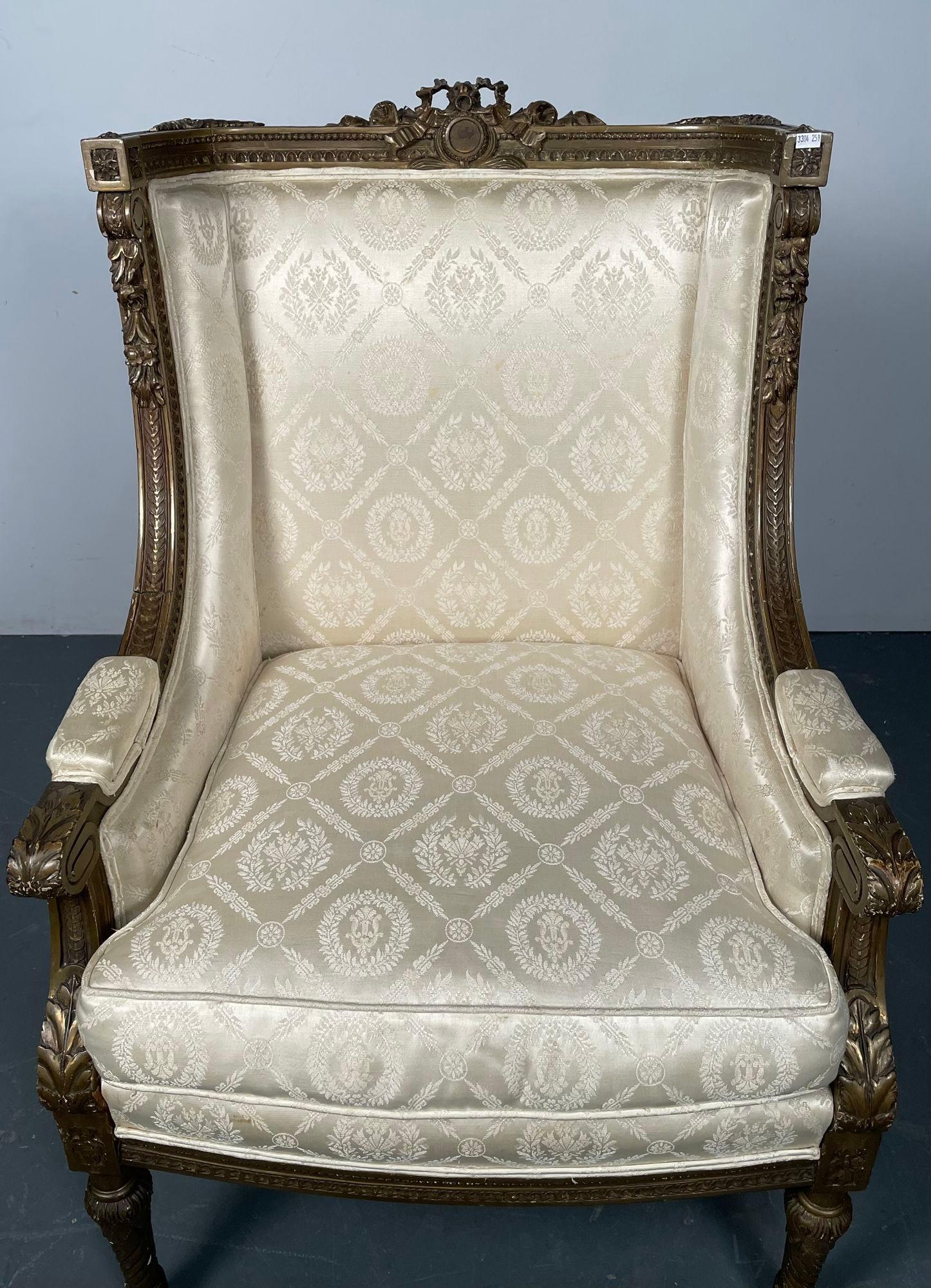 Pair of Louis XVI Jansen Style Wing Back, Arm Chairs, Scalamandre Upholstery For Sale 8