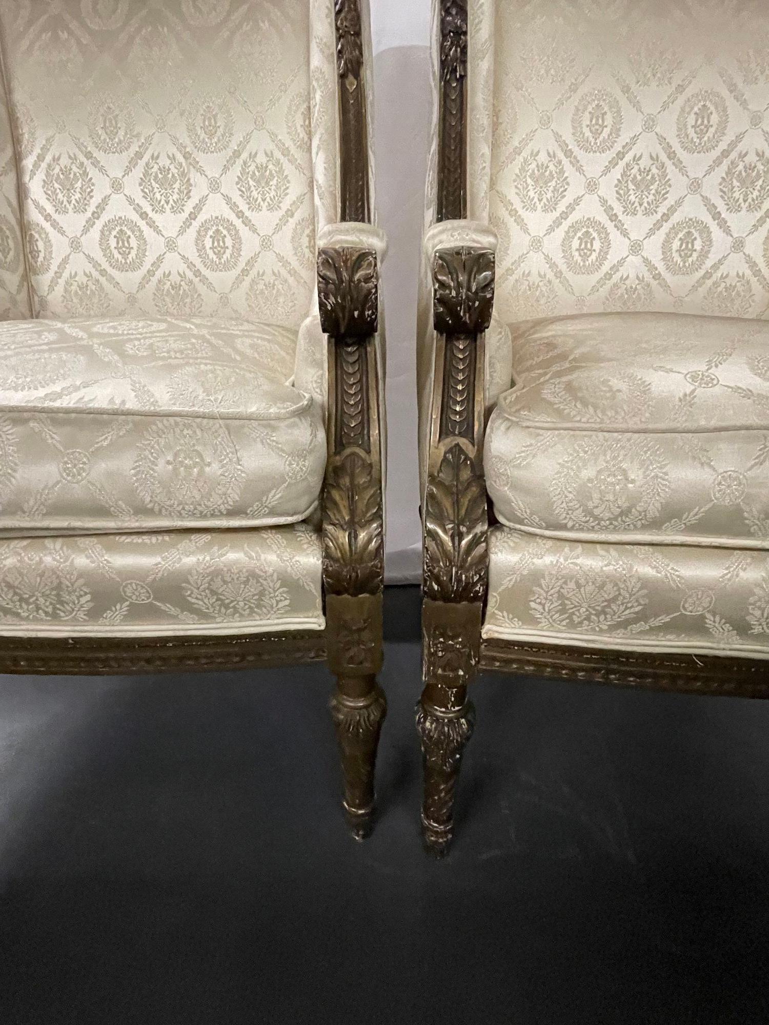 Pair of Louis XVI Jansen Style Wing Back, Arm Chairs, Scalamandre Upholstery For Sale 11