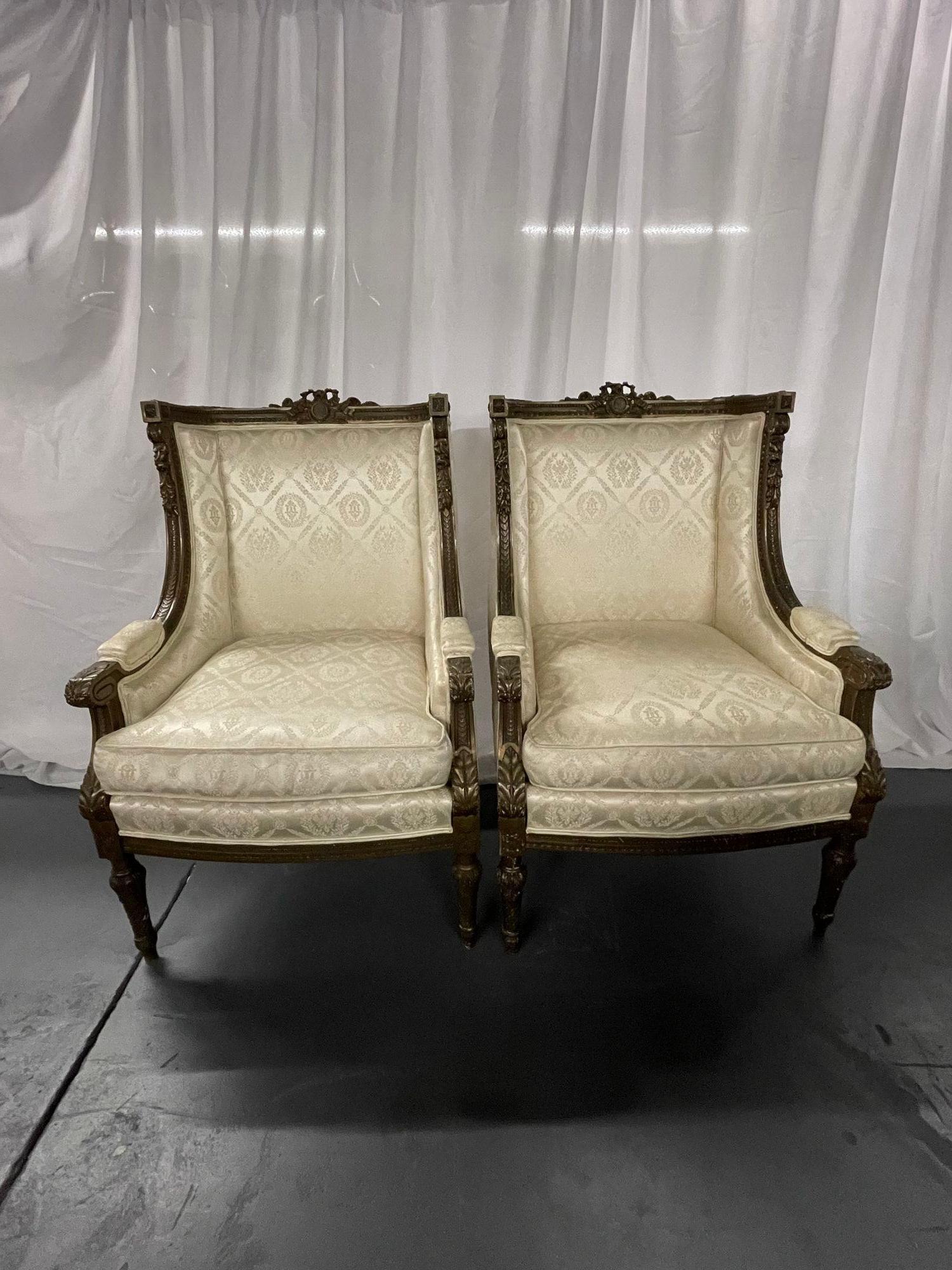 French Pair of Louis XVI Jansen Style Wing Back, Arm Chairs, Scalamandre Upholstery For Sale