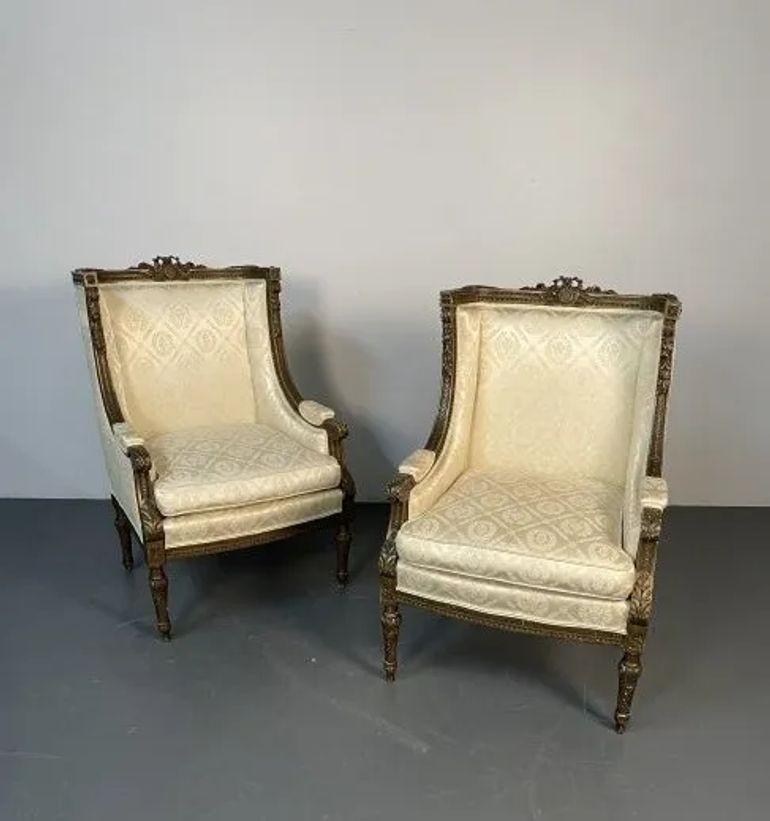 Pair of Louis XVI Jansen Style Wing Back, Arm Chairs, Scalamandre Upholstery In Good Condition For Sale In Stamford, CT