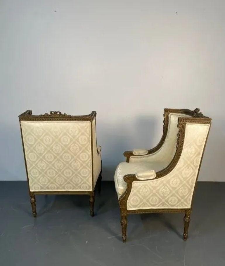 20th Century Pair of Louis XVI Jansen Style Wing Back, Arm Chairs, Scalamandre Upholstery For Sale