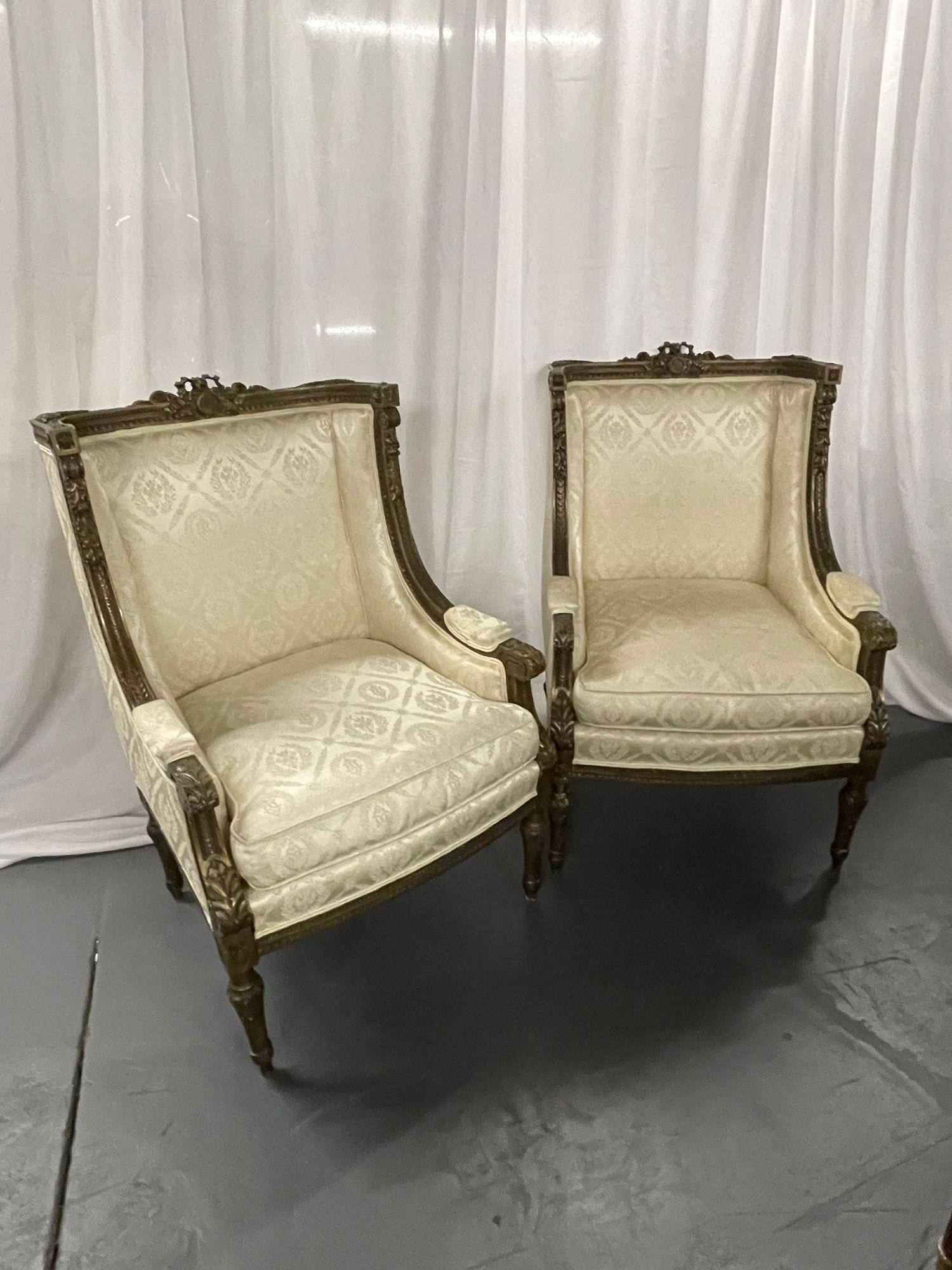 Textile Pair of Louis XVI Jansen Style Wing Back, Arm Chairs, Scalamandre Upholstery For Sale
