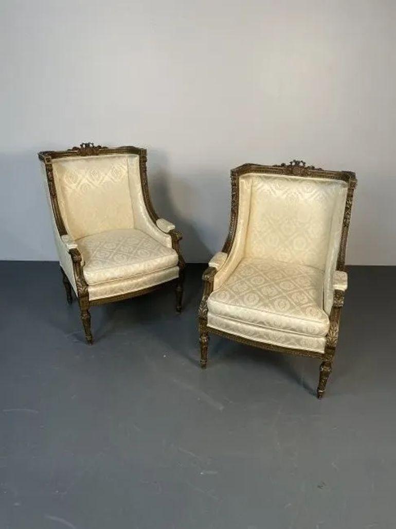 Pair of Louis XVI Jansen Style Wing Back, Arm Chairs, Scalamandre Upholstery For Sale 1