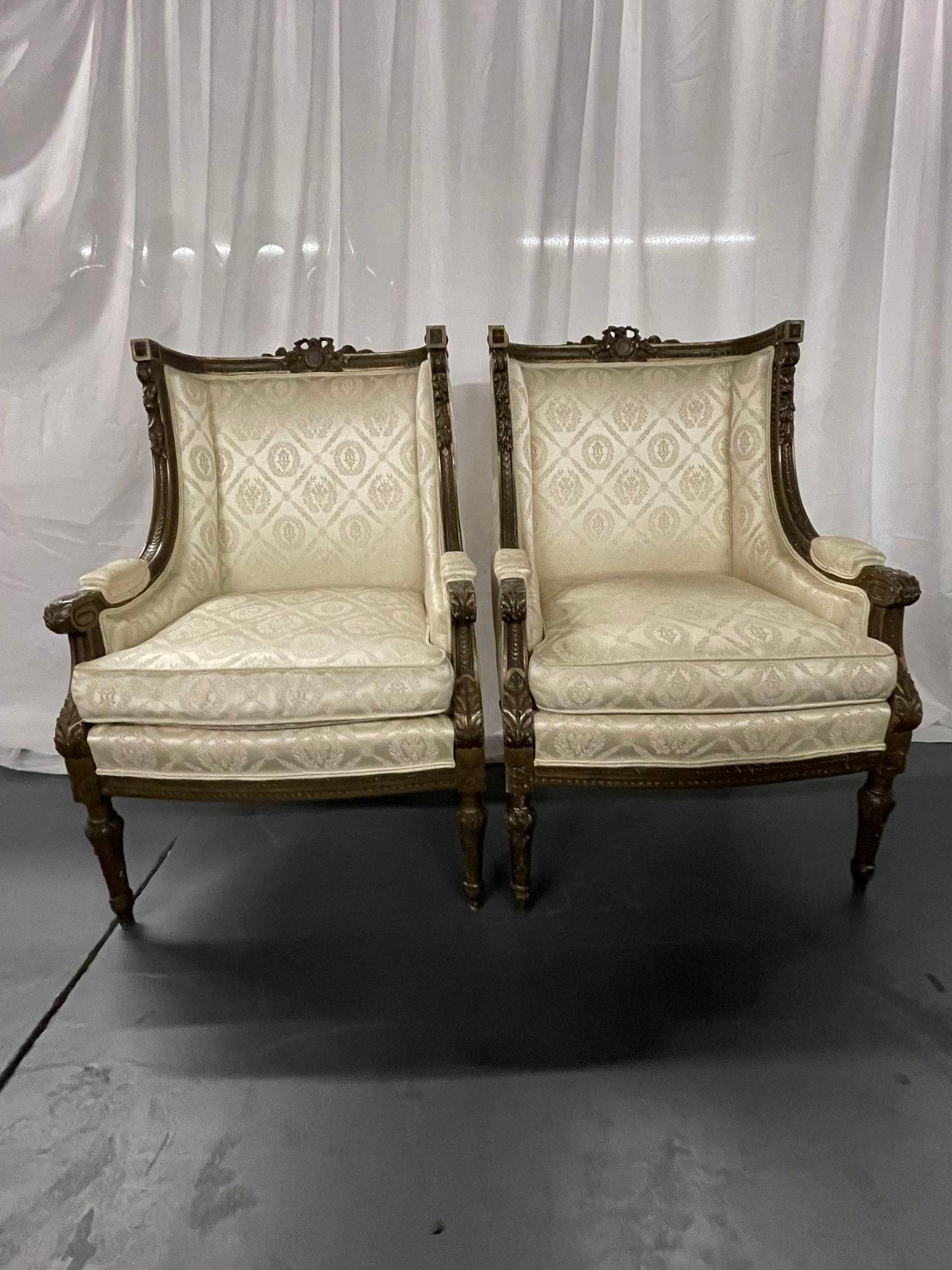 Pair of Louis XVI Jansen Style Wing Back, Arm Chairs, Scalamandre Upholstery For Sale 2
