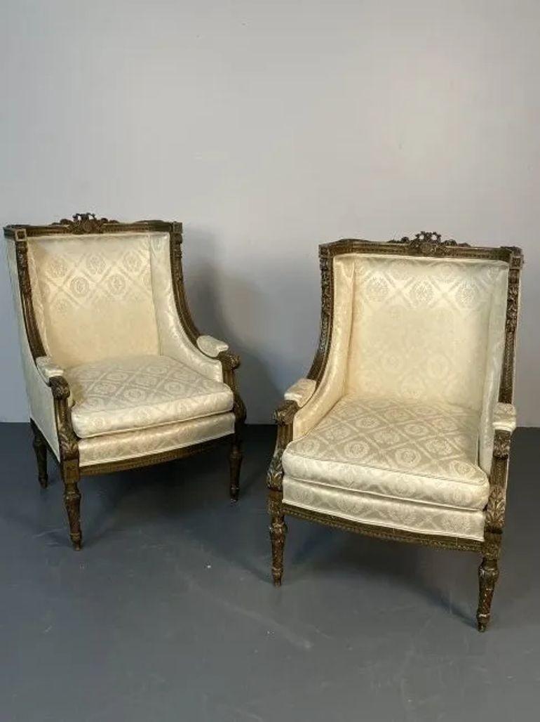Pair of Louis XVI Jansen Style Wing Back, Arm Chairs, Scalamandre Upholstery For Sale 3