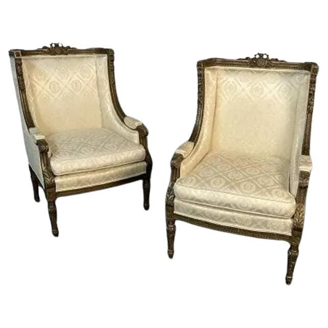 Pair of Louis XVI Jansen Style Wing Back, Arm Chairs, Scalamandre Upholstery For Sale