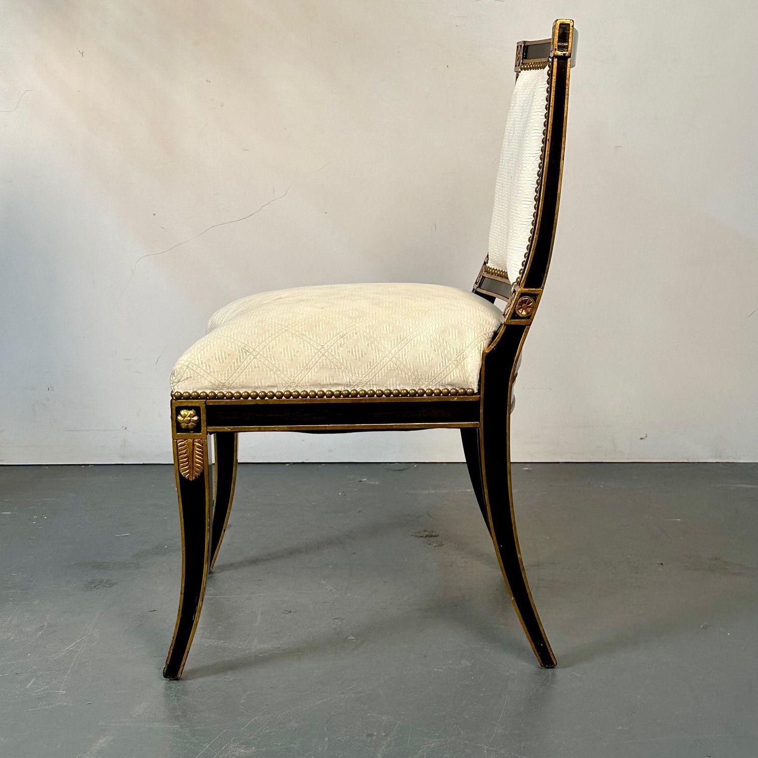Pair of Louis XVI Maison Jansen Style Dining / Side Chairs, Ebony and Giltwood For Sale 3