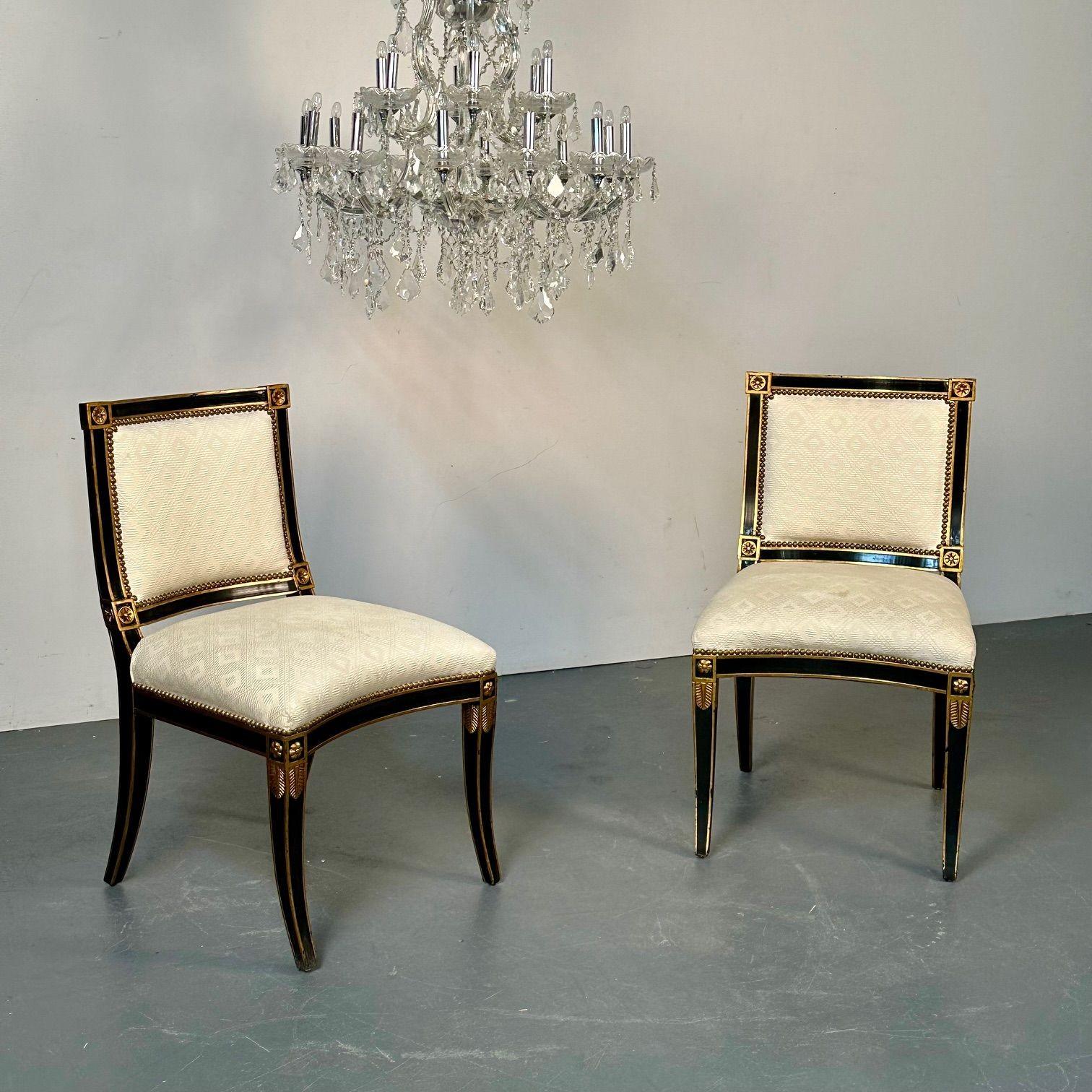 Hollywood Regency Pair of Louis XVI Maison Jansen Style Dining / Side Chairs, Ebony and Giltwood For Sale