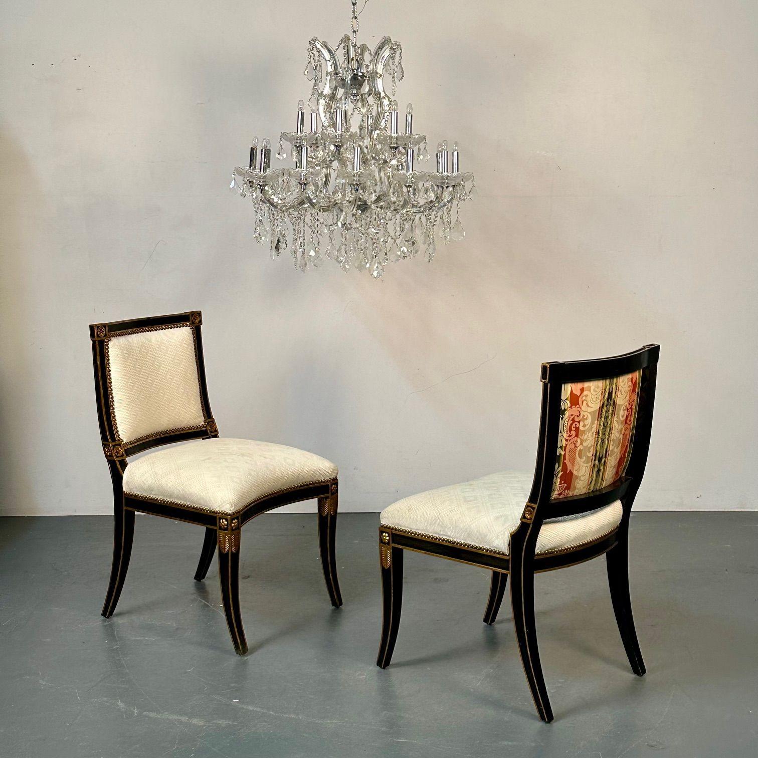 Italian Pair of Louis XVI Maison Jansen Style Dining / Side Chairs, Ebony and Giltwood For Sale