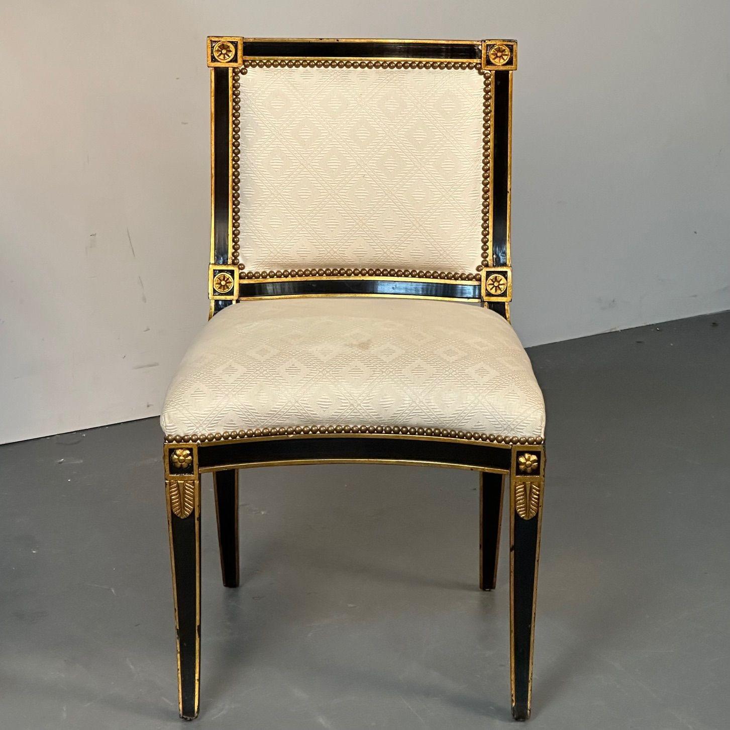 Textile Pair of Louis XVI Maison Jansen Style Dining / Side Chairs, Ebony and Giltwood For Sale