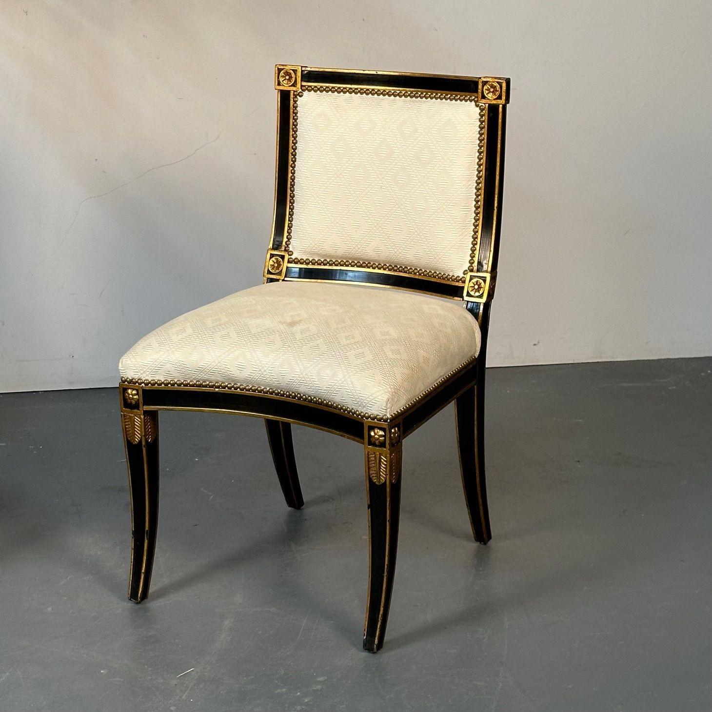 Pair of Louis XVI Maison Jansen Style Dining / Side Chairs, Ebony and Giltwood For Sale 1