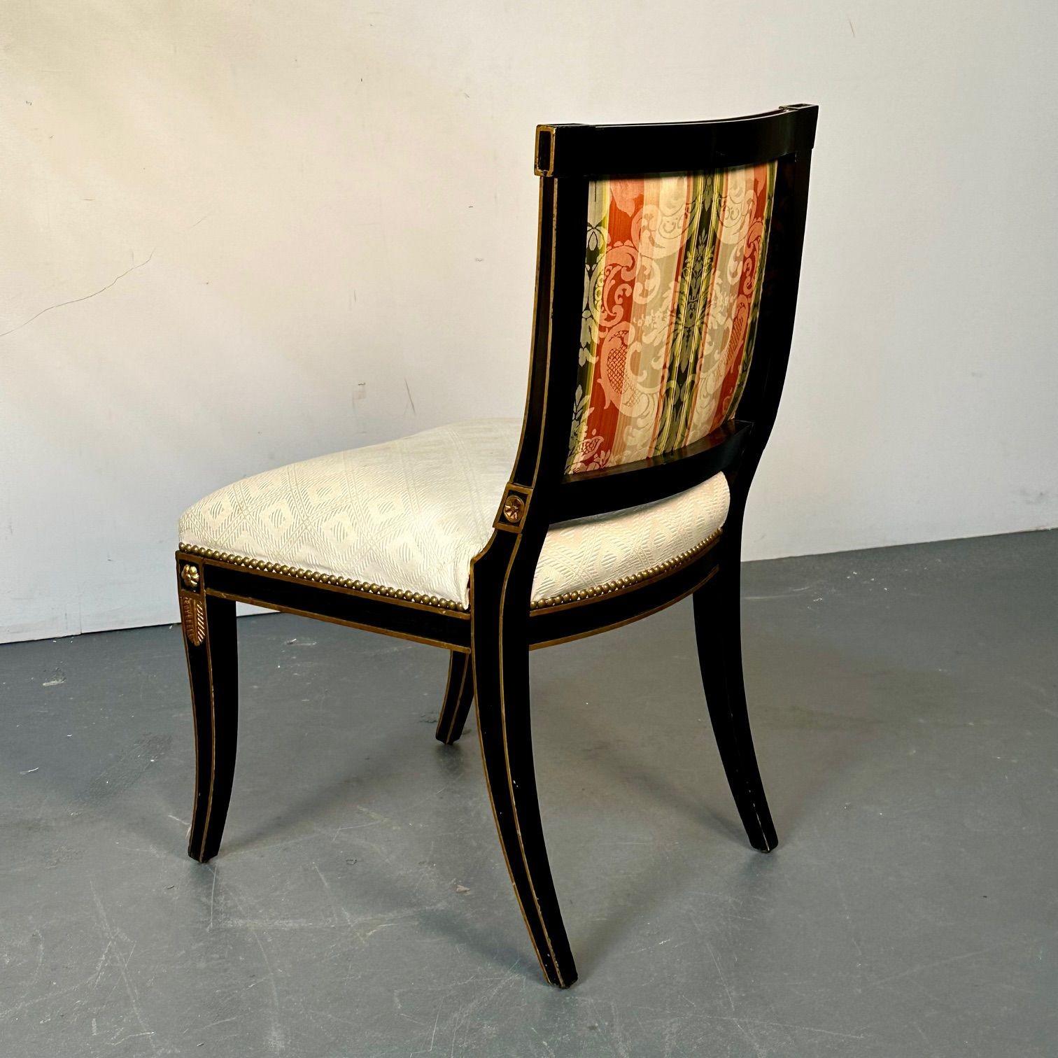 Pair of Louis XVI Maison Jansen Style Dining / Side Chairs, Ebony and Giltwood For Sale 2