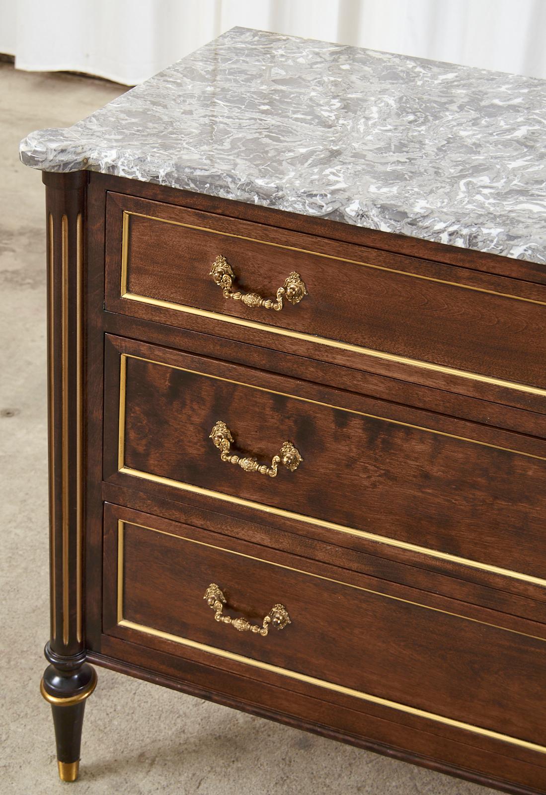 20th Century Pair of Louis XVI Style Marble Top Mahogany Commode Chests