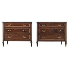 Pair of Louis XVI Style Marble Top Mahogany Commode Chests