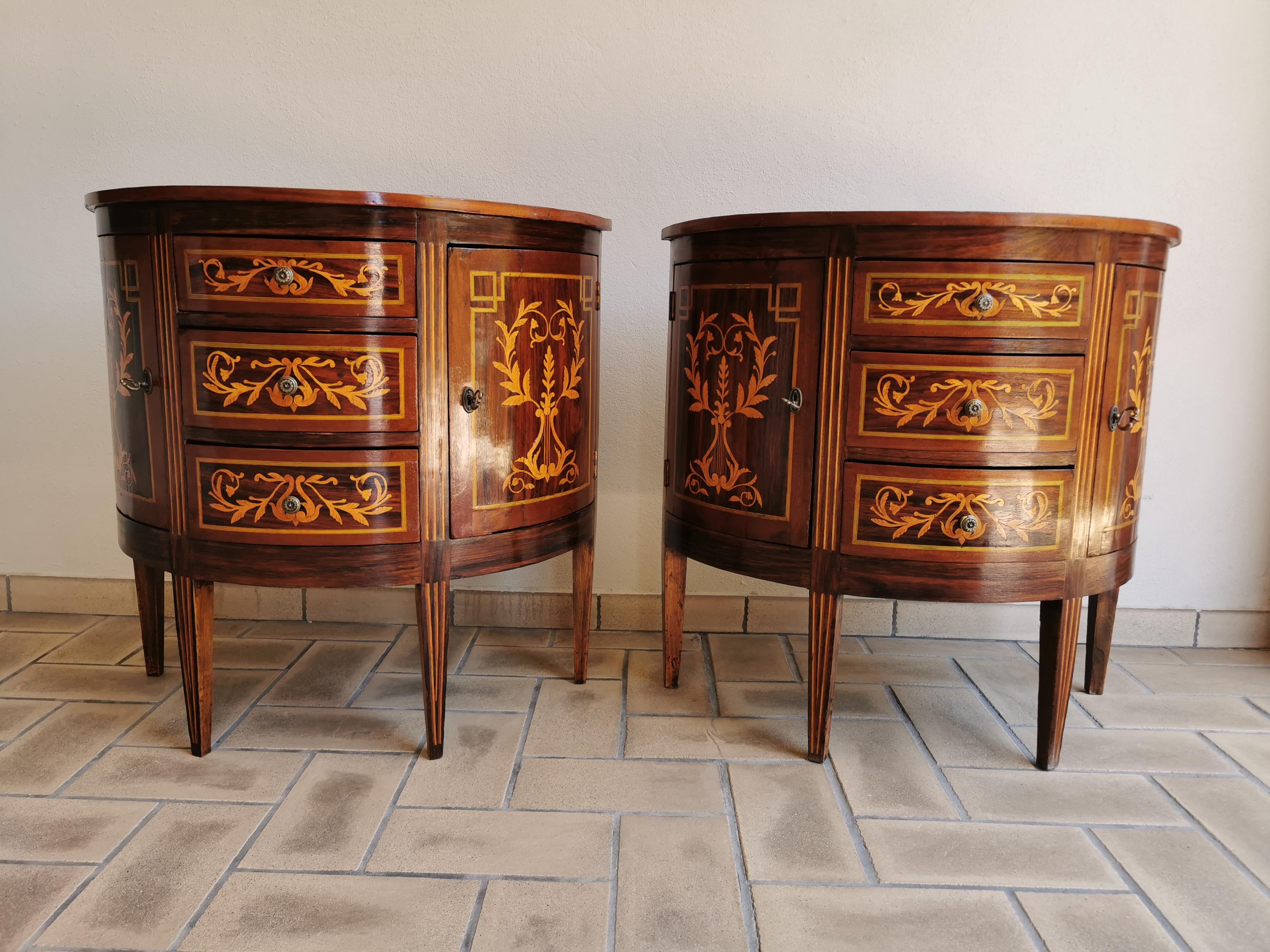 Pair of 19th century Louis XVI Marquetry side commodes has been restored 
particular pieces richly inlaid all around the commode
eye catching pieces good for saloons 
39x84x82H cm 
there is vip fast shipping closer cities
seller location :