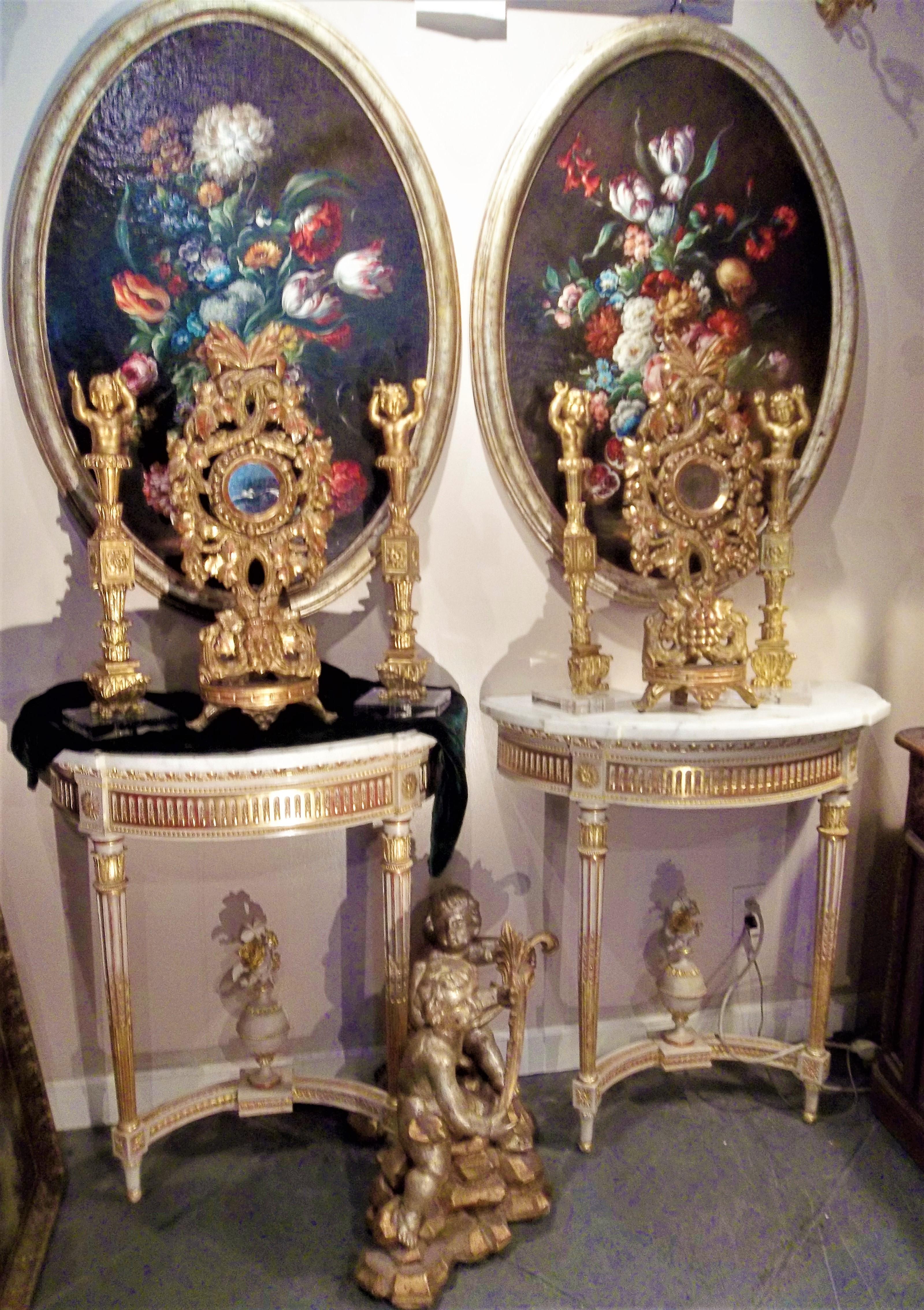 French Pair of Louis XVI Neoclassical Style Giltwood and Painted Consoles