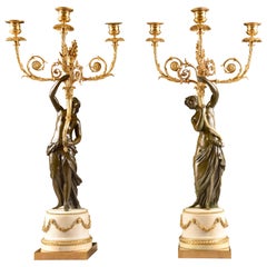 Pair of Louis XVI, Nude Female Patinated Bronze, Three-Light Candelabra